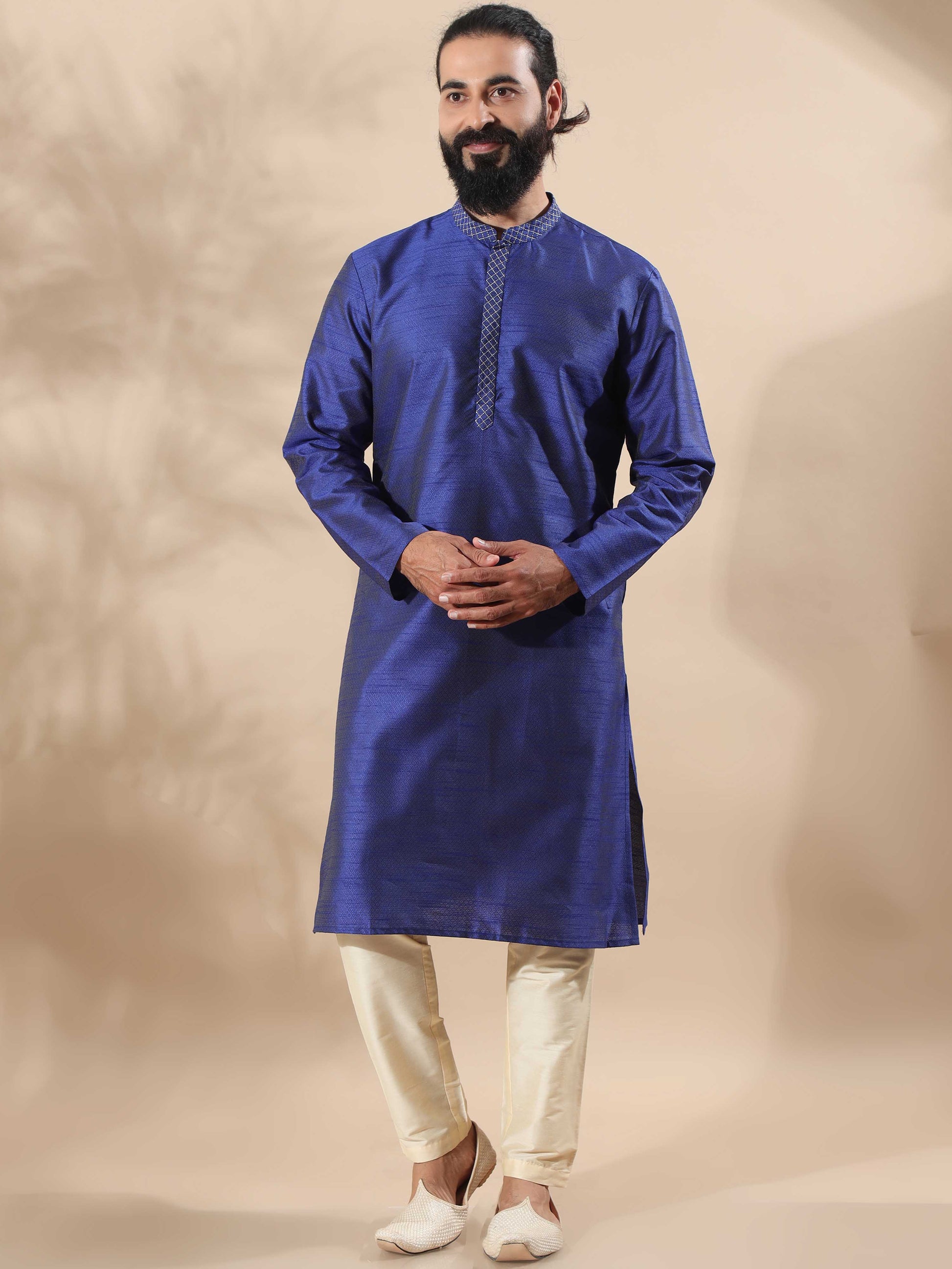 Navy Blue Embroidered long kurta for men