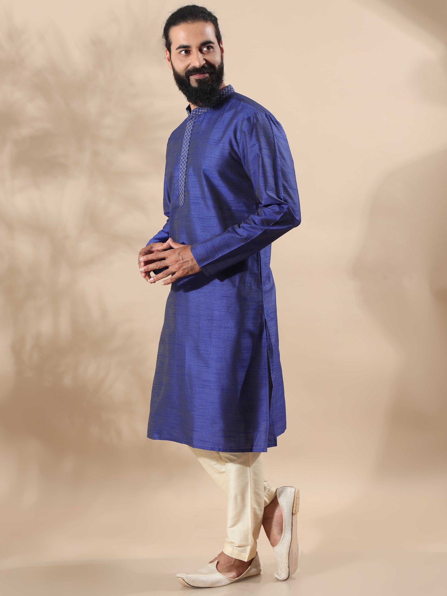 Navy Blue Embroidered long kurta for men