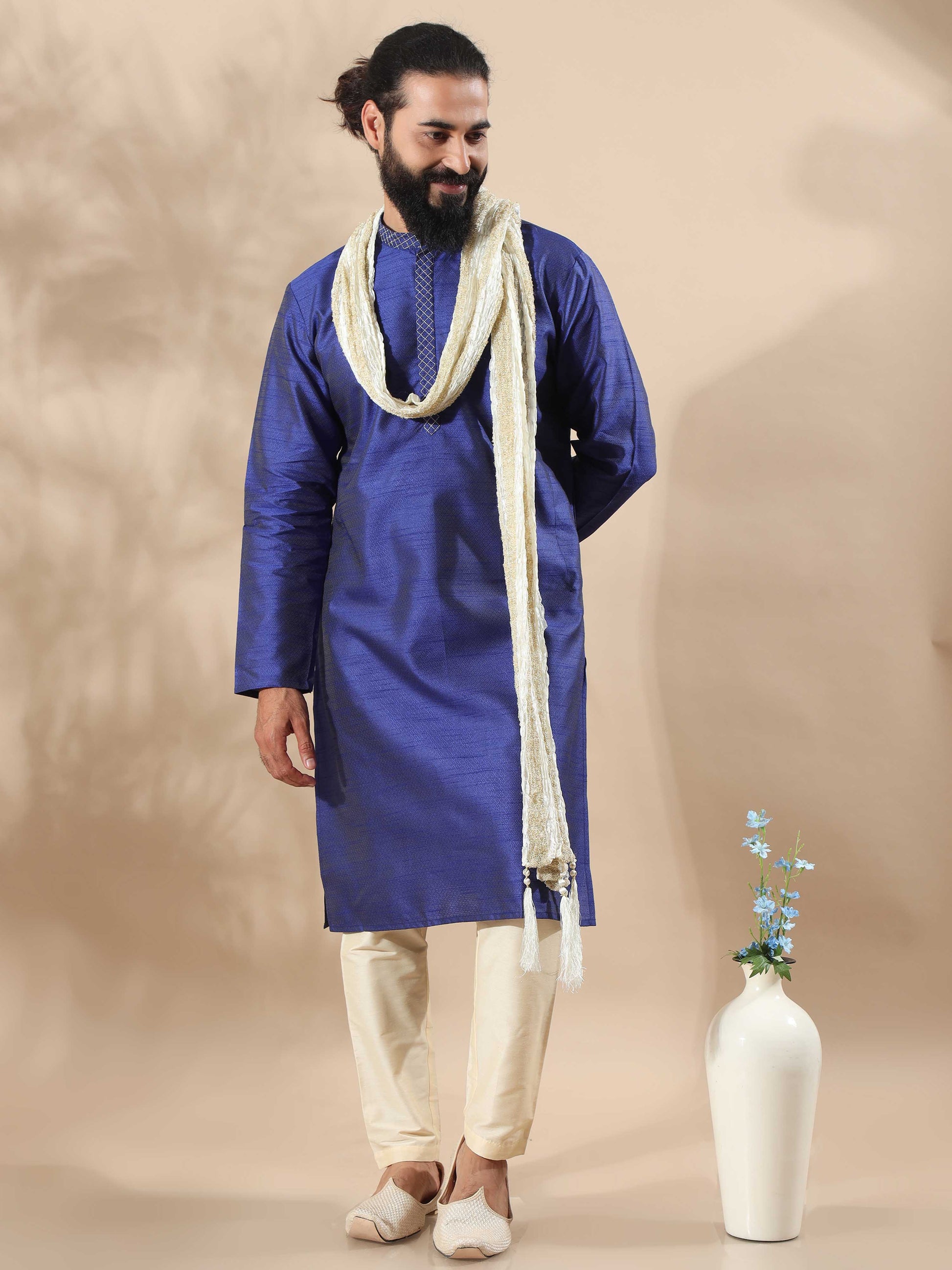 Navy Blue Embroidered long kurta for men