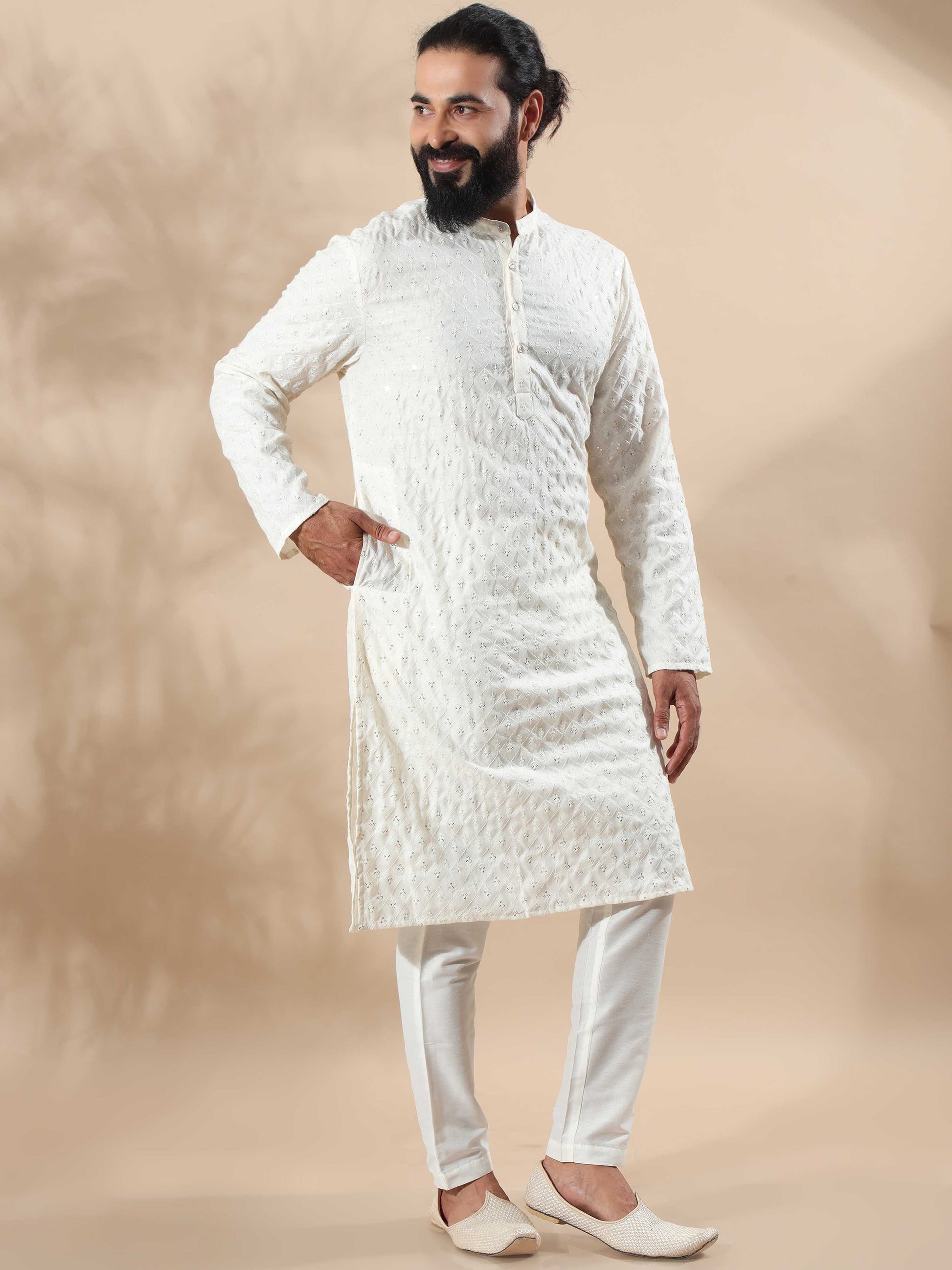 Cream Embroidery Long Kurta for Men