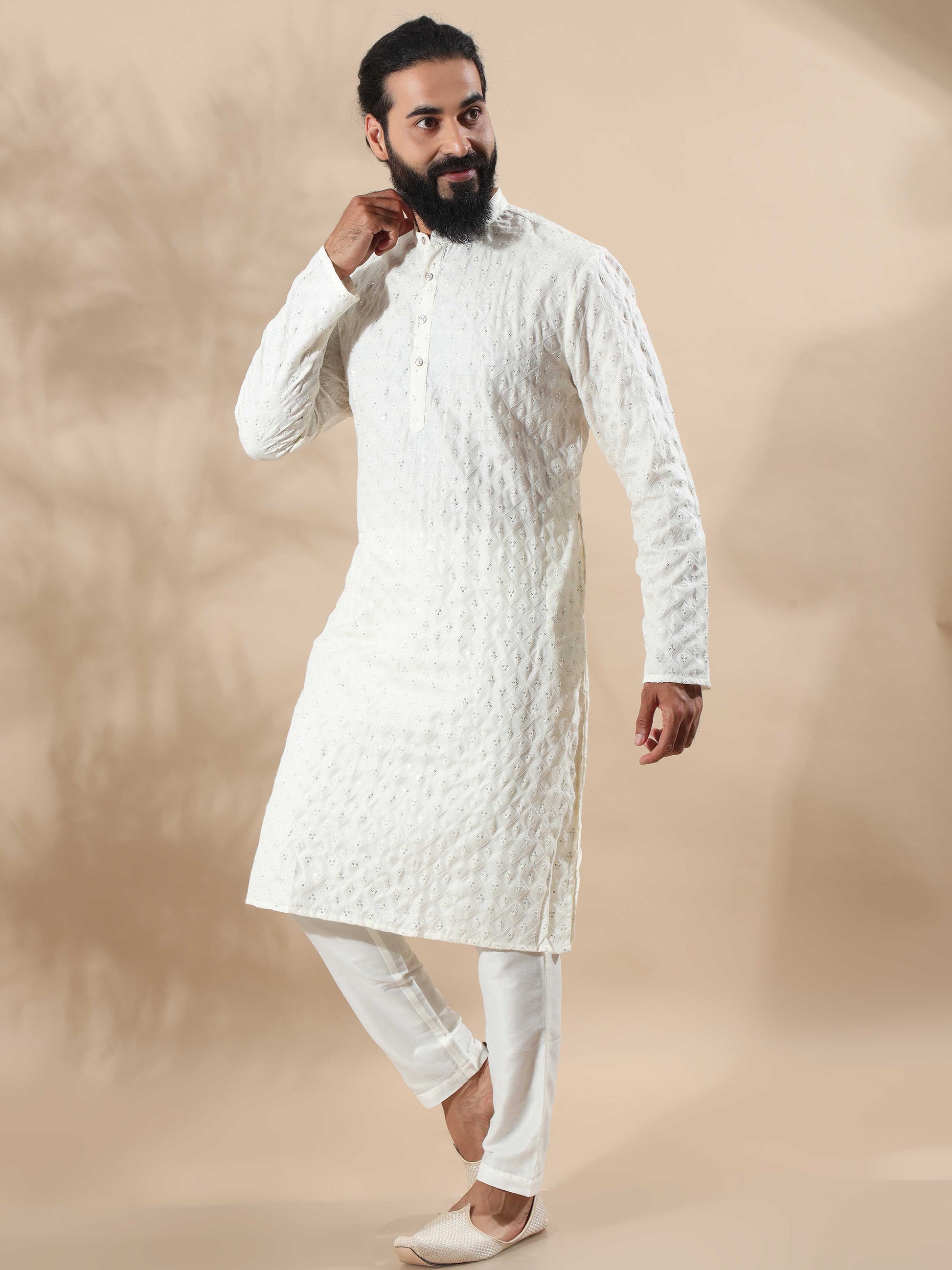 Cream Embroidery Long Kurta for Men