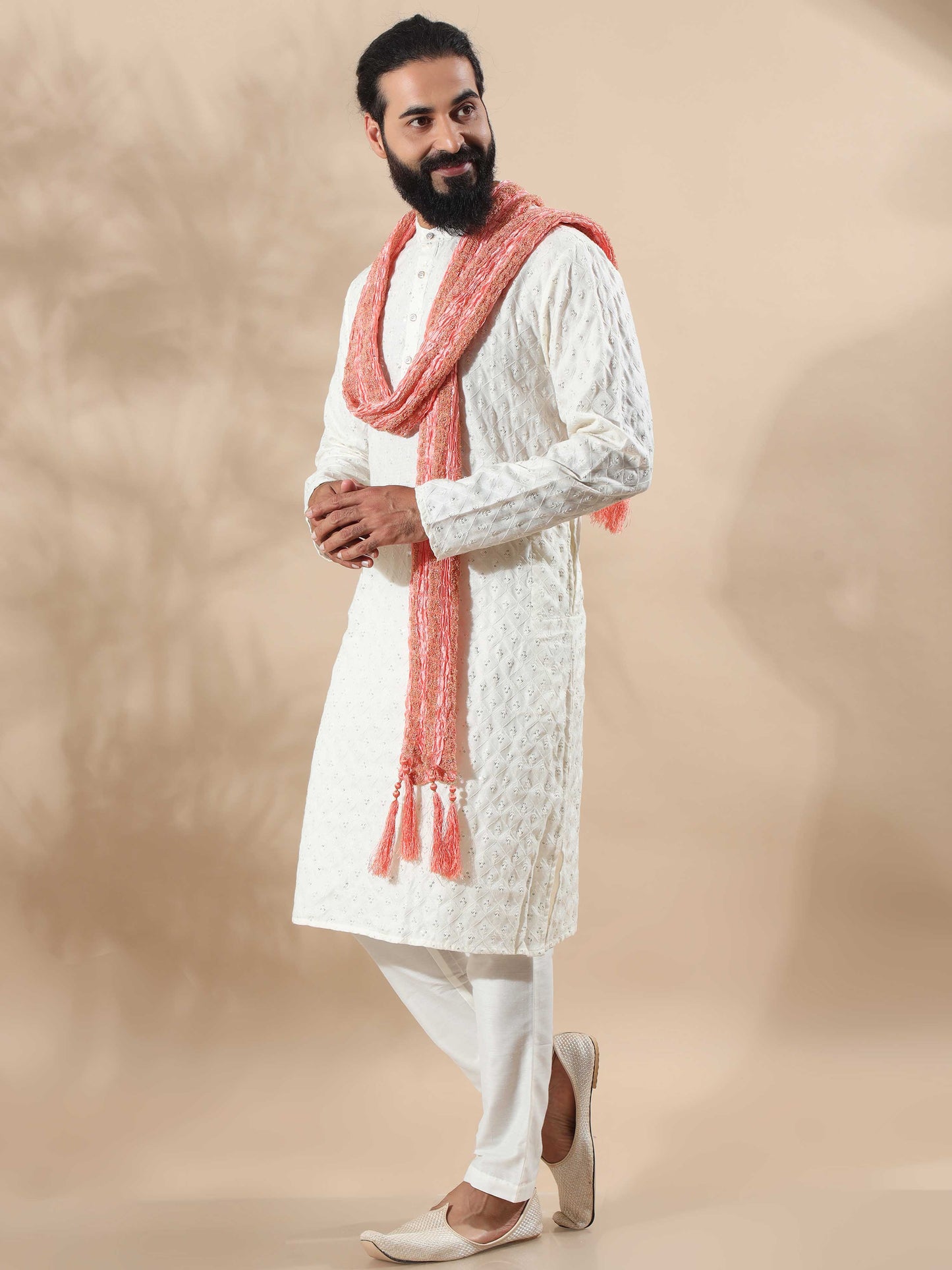 Cream Embroidery Long Kurta for Men