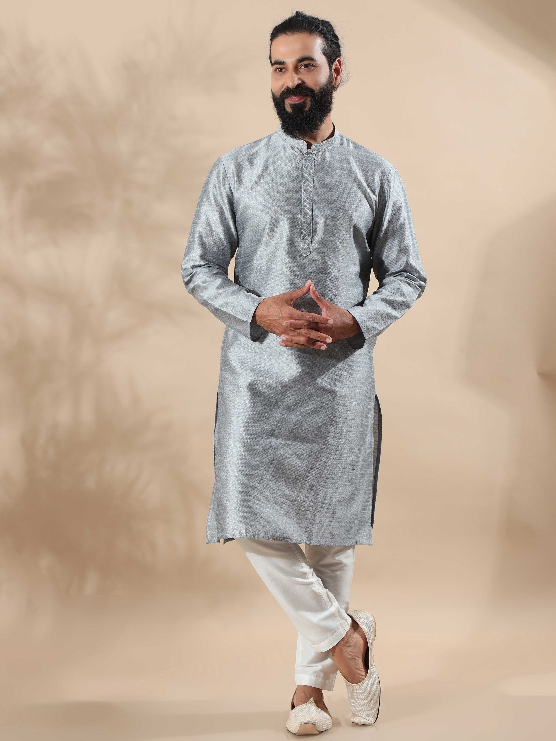 Moon Grey Embroidered long kurta for men