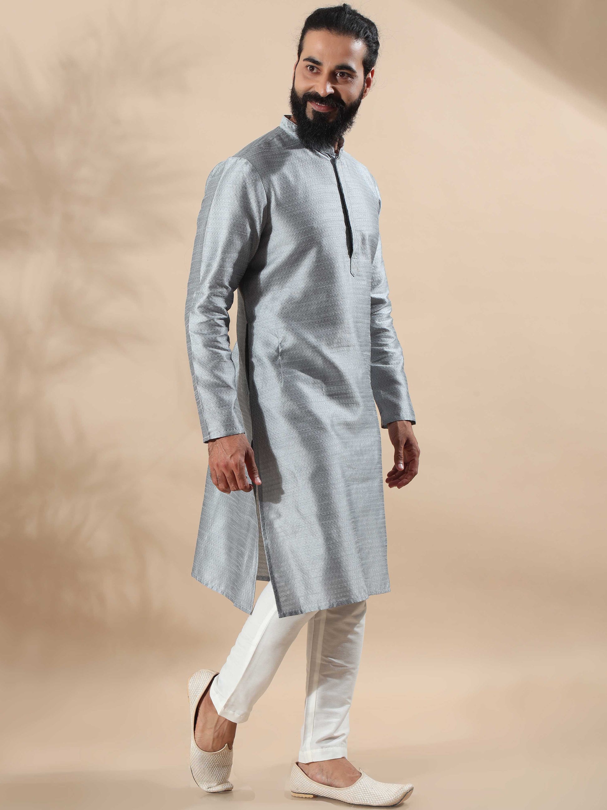 Moon Grey Embroidered long kurta for men