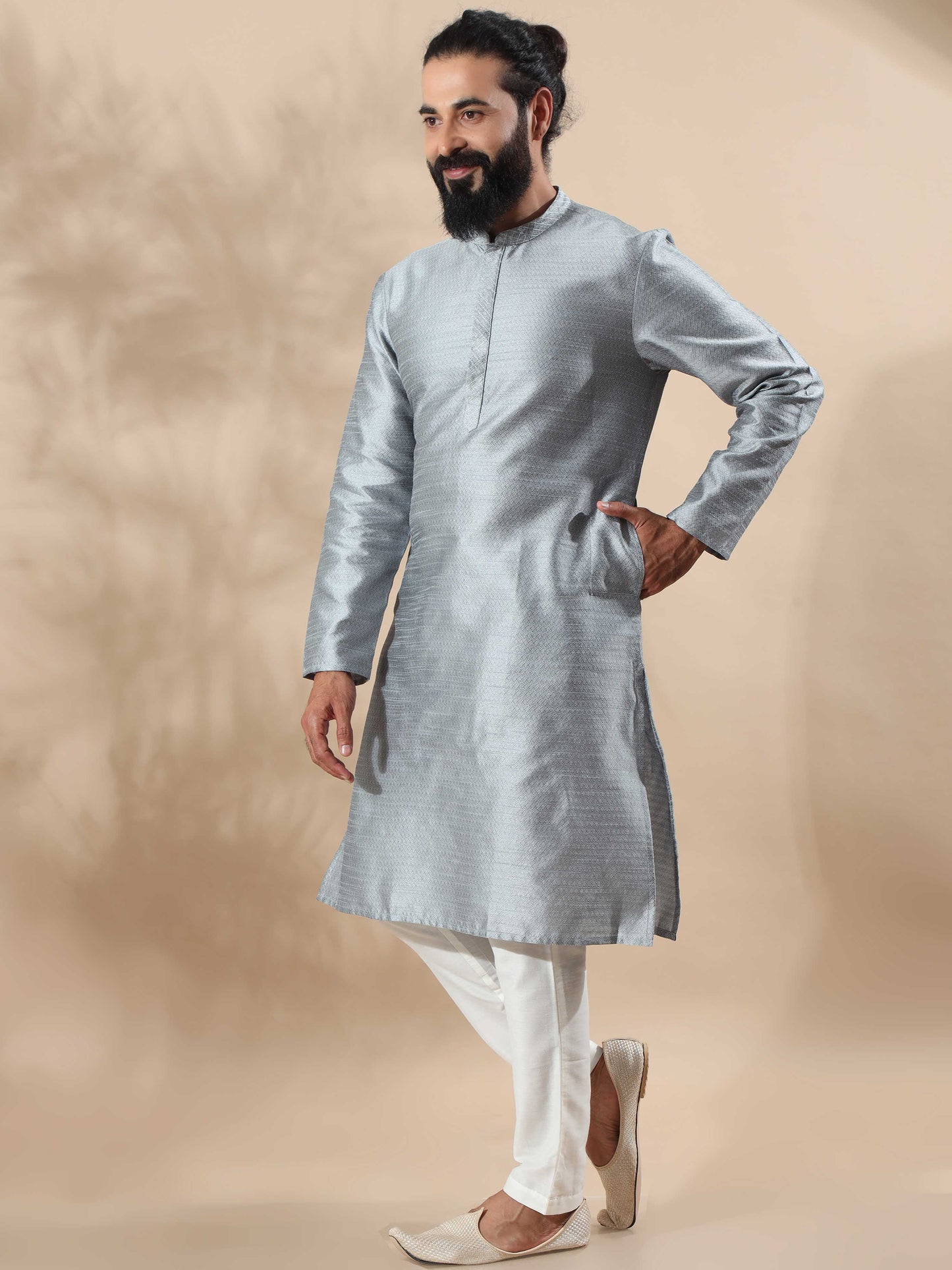 Moon Grey Embroidered long kurta for men