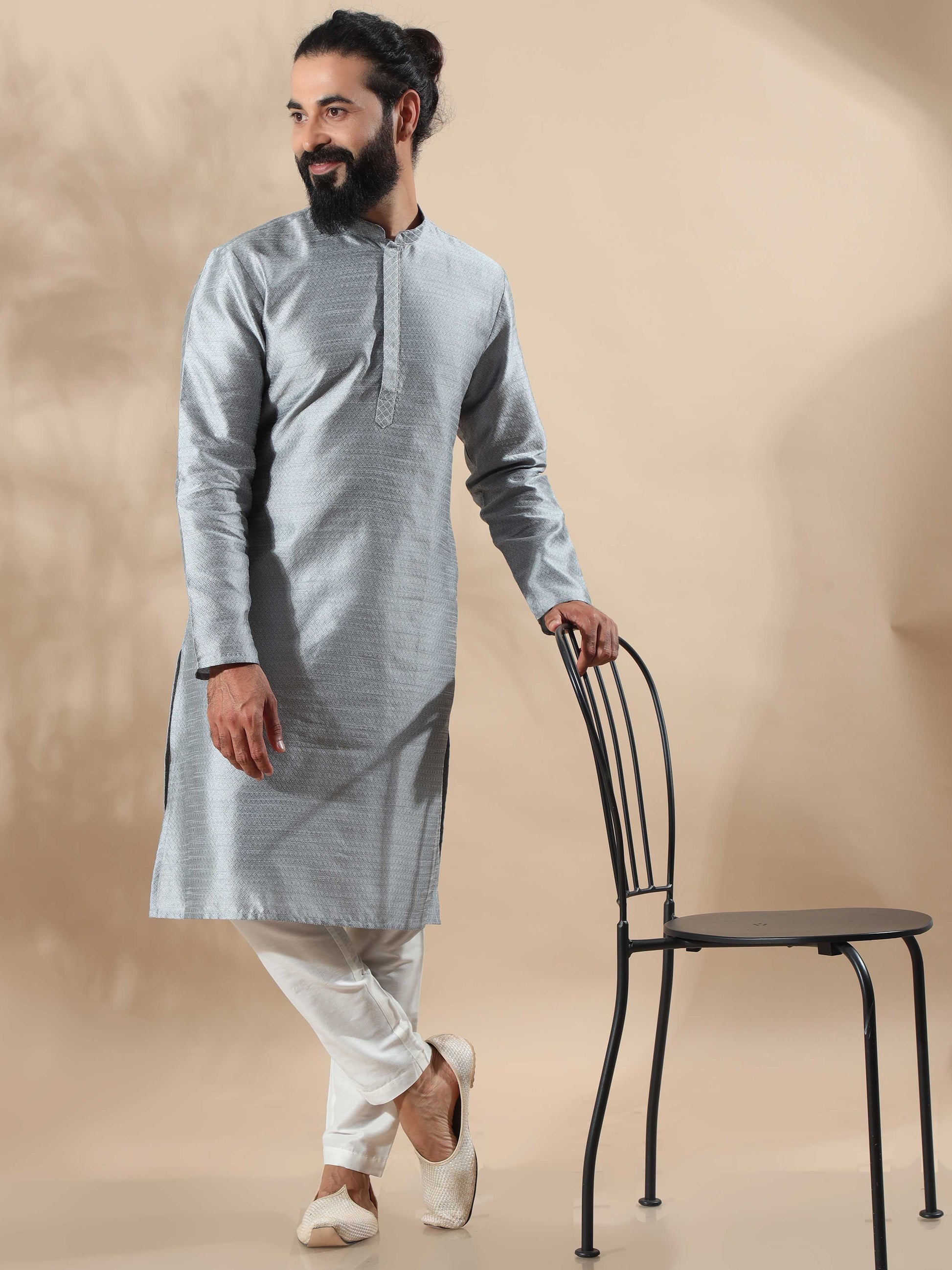 Moon Grey Embroidered long kurta for men