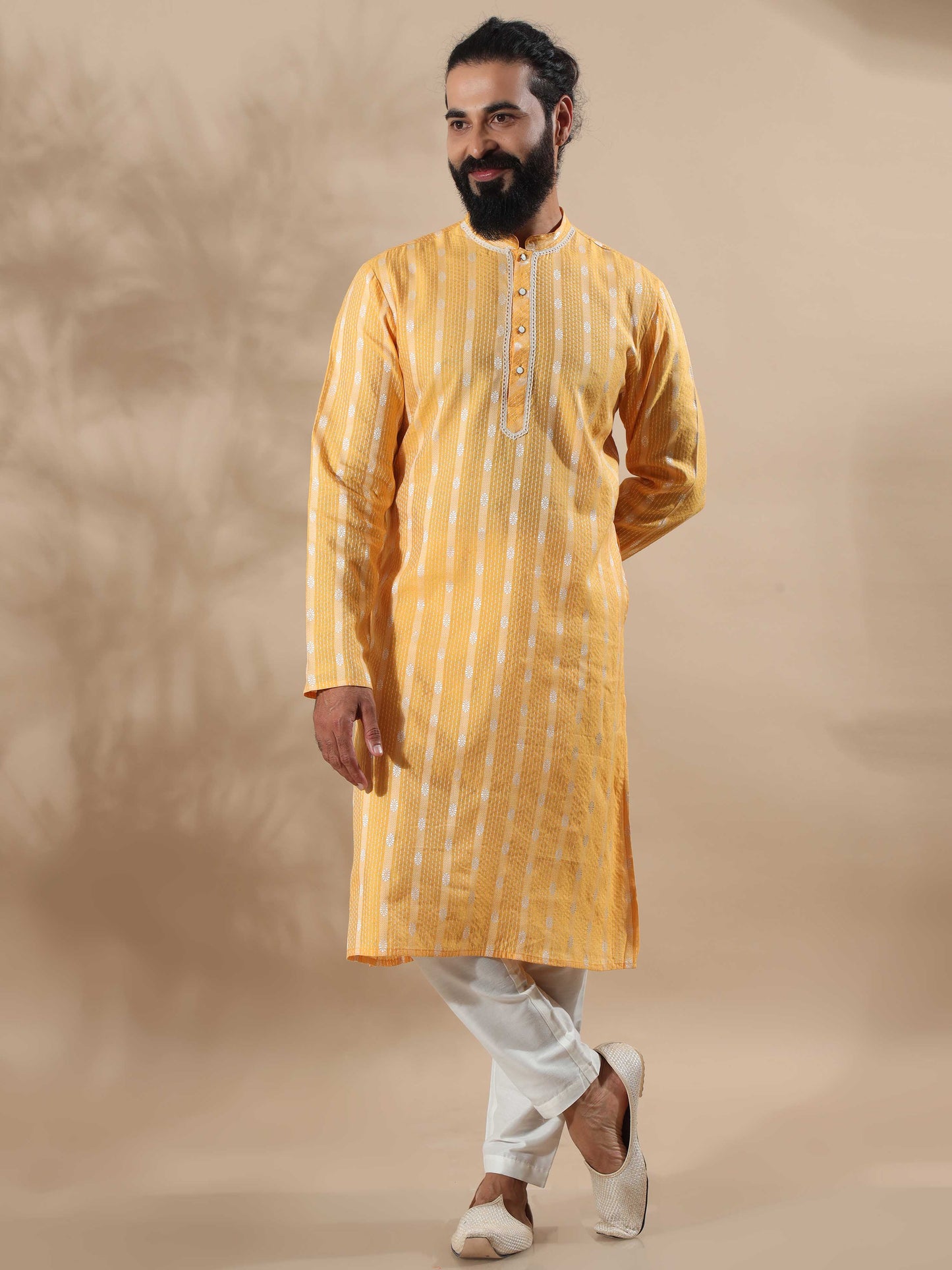 Haldi Yellow and White Banaras long kurta for men