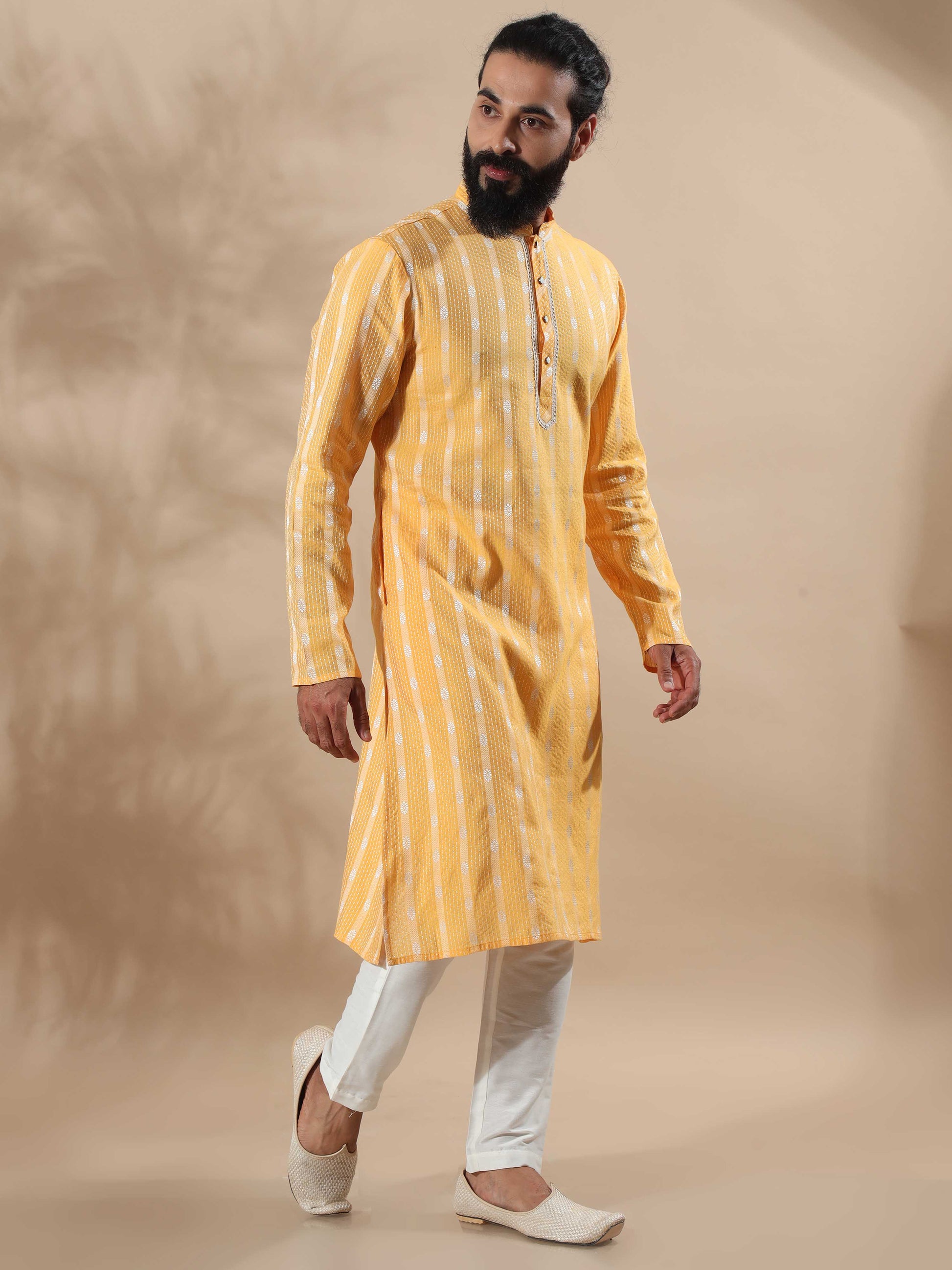 Haldi Yellow and White Banaras long kurta for men