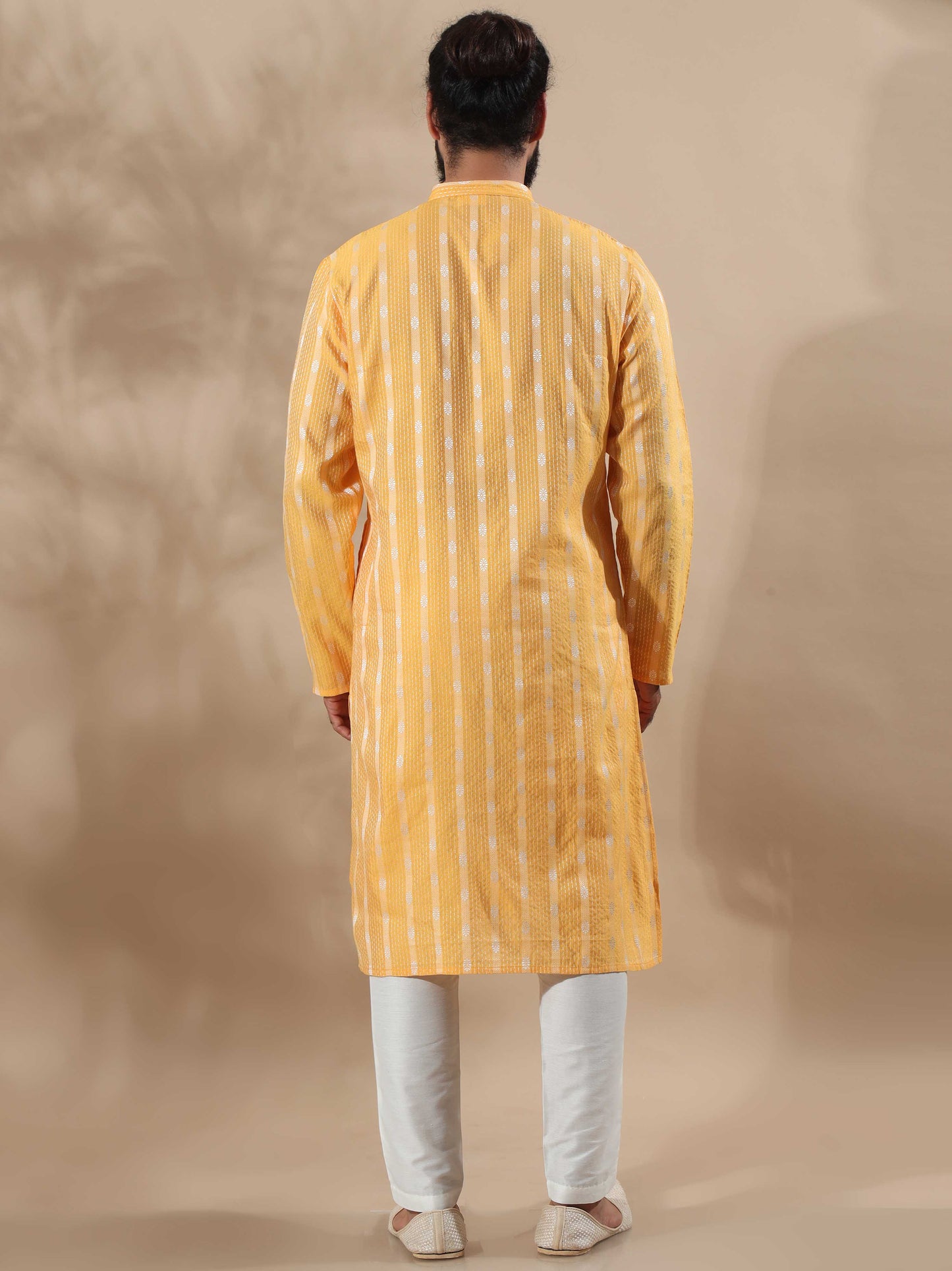 Haldi Yellow and White Banaras long kurta for men