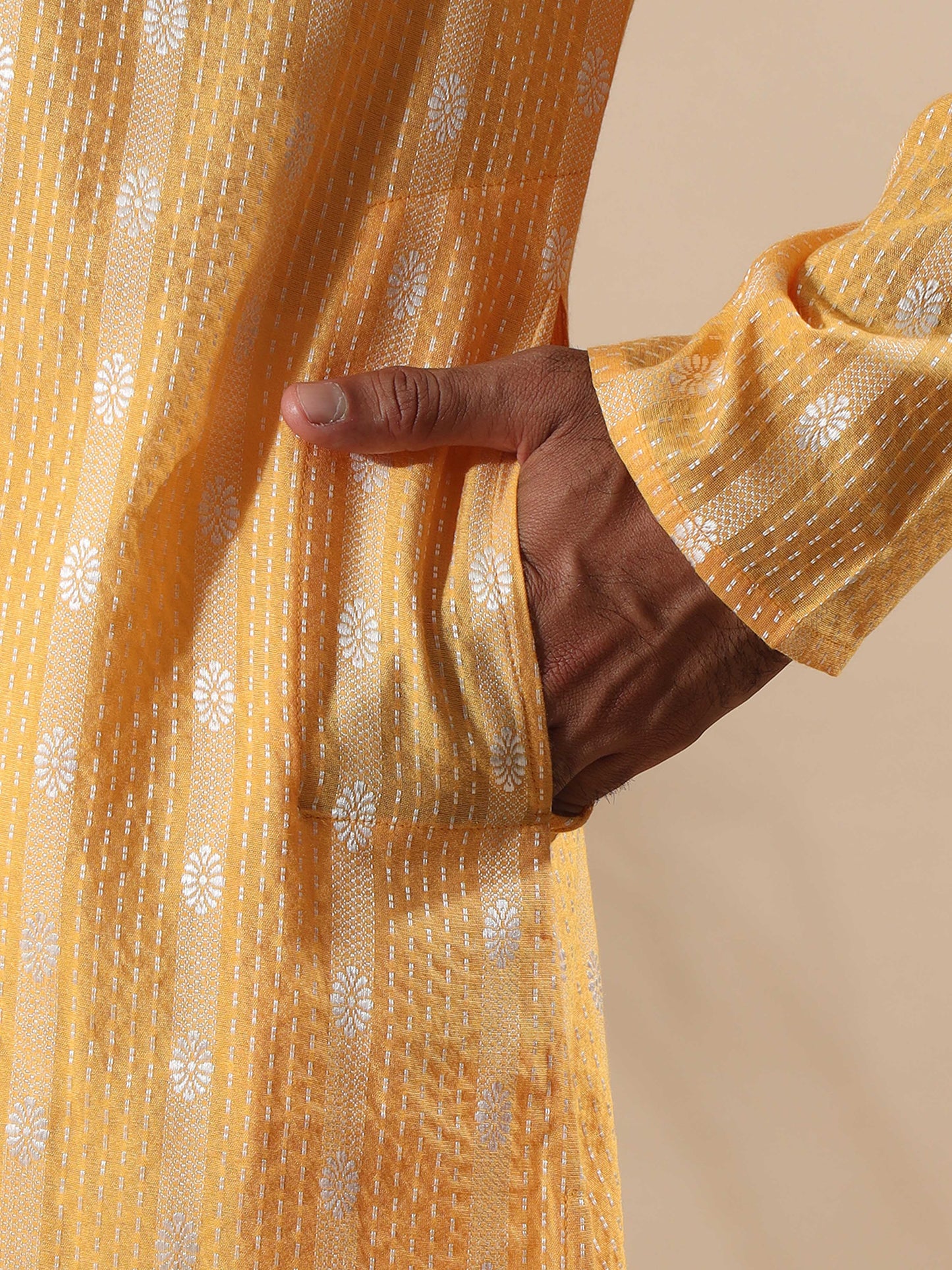 Haldi Yellow and White Banaras long kurta for men