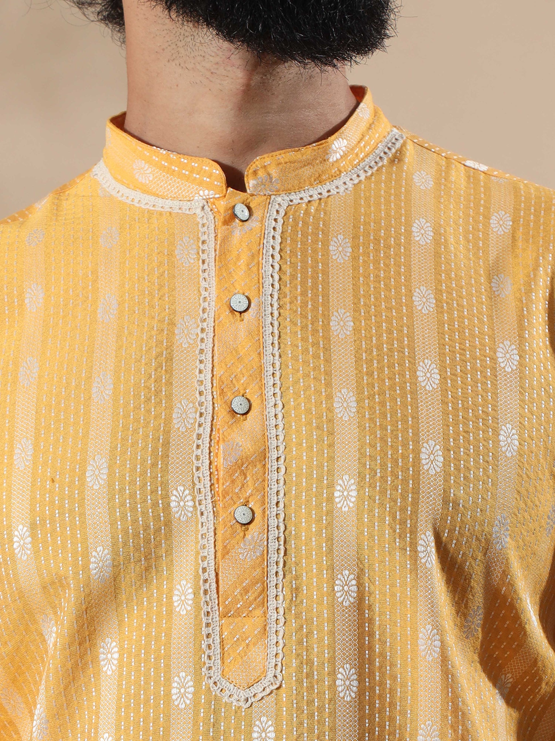 Haldi Yellow and White Banaras long kurta for men