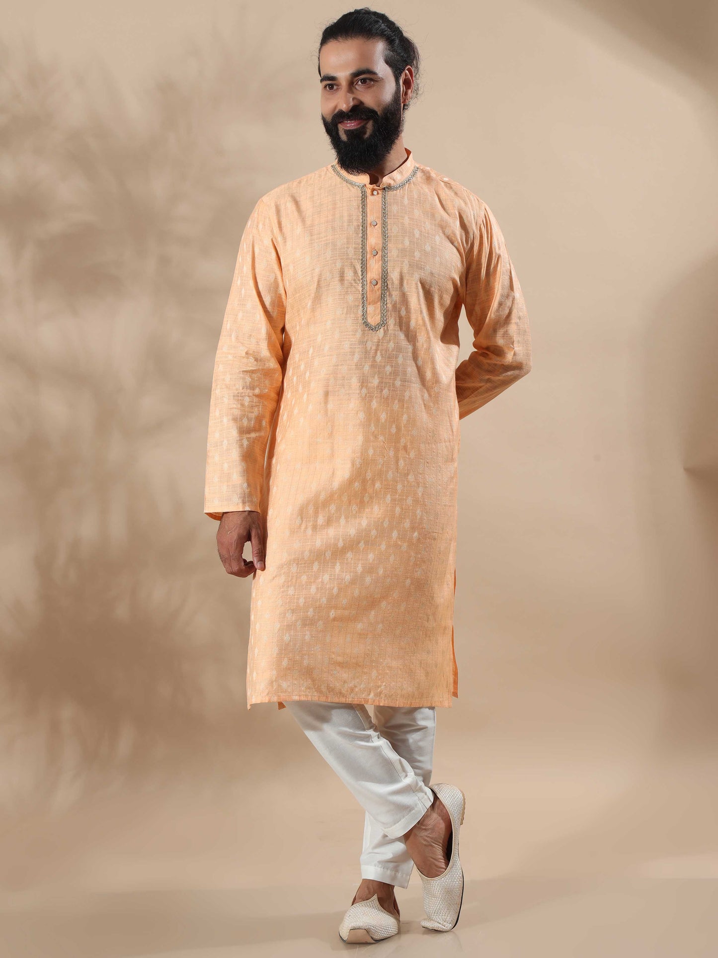 Peach Banarasi mandarin collar kurta mens