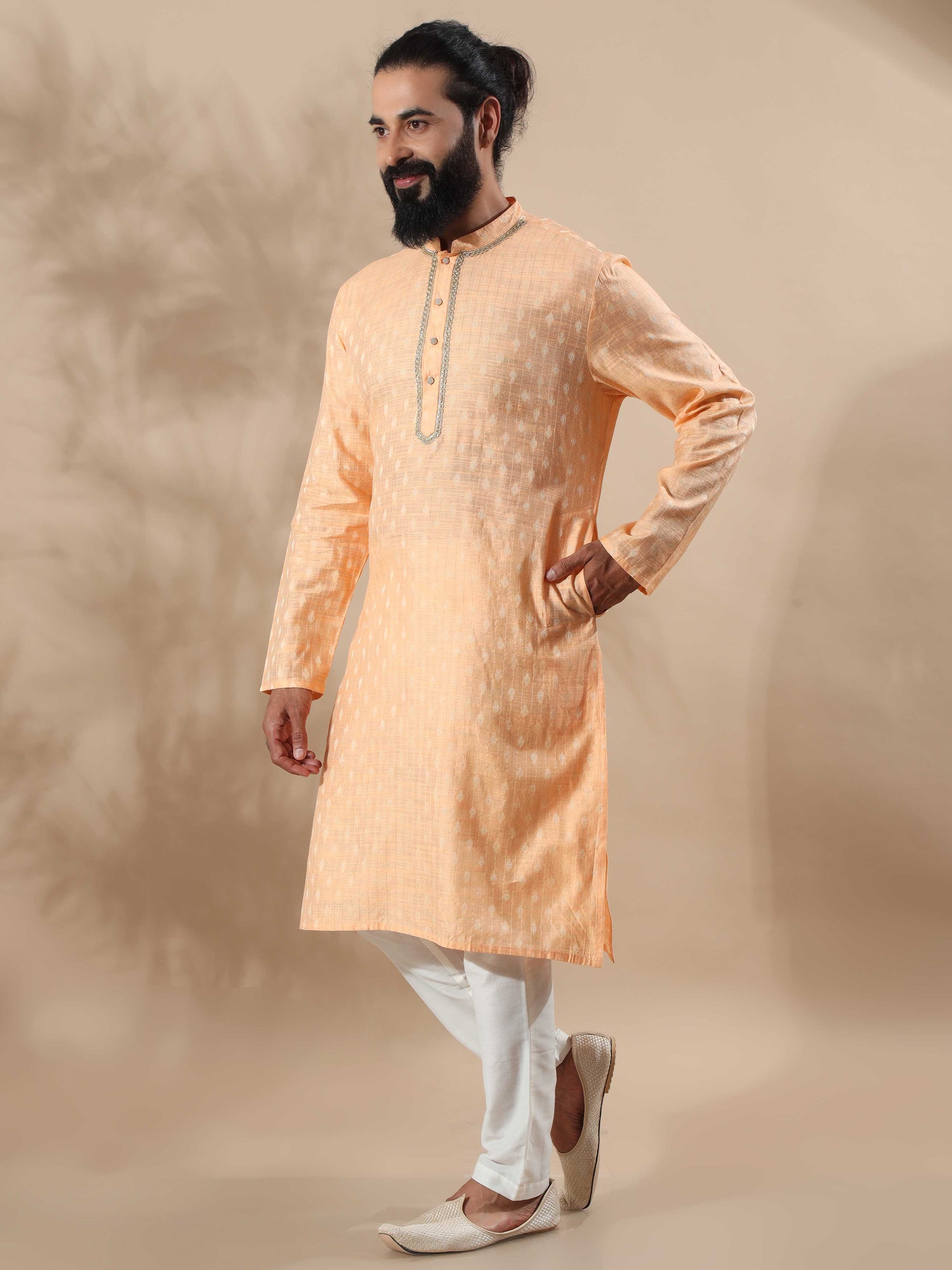 Peach Banarasi mandarin collar kurta mens