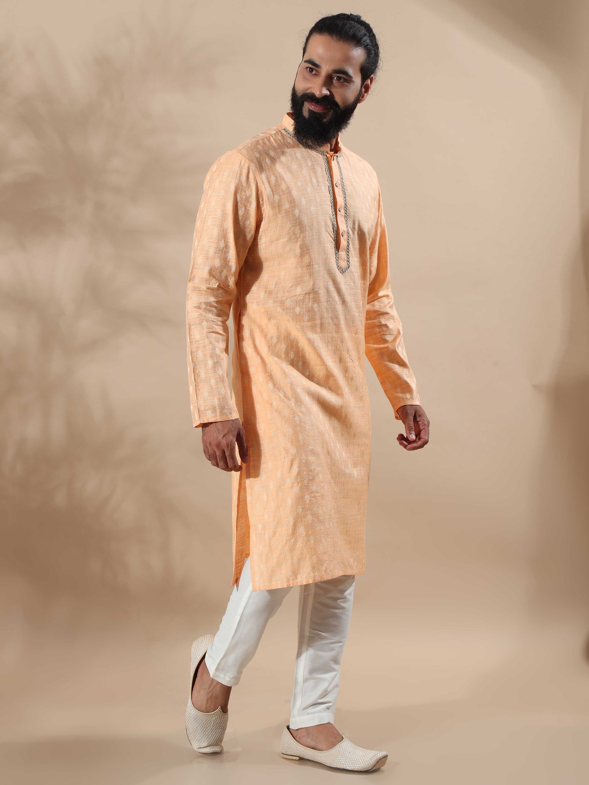 Peach Banarasi mandarin collar kurta mens