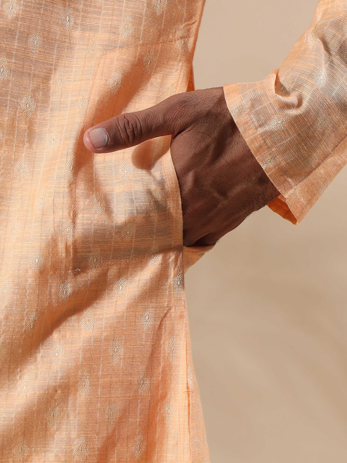 Peach Banarasi mandarin collar kurta mens