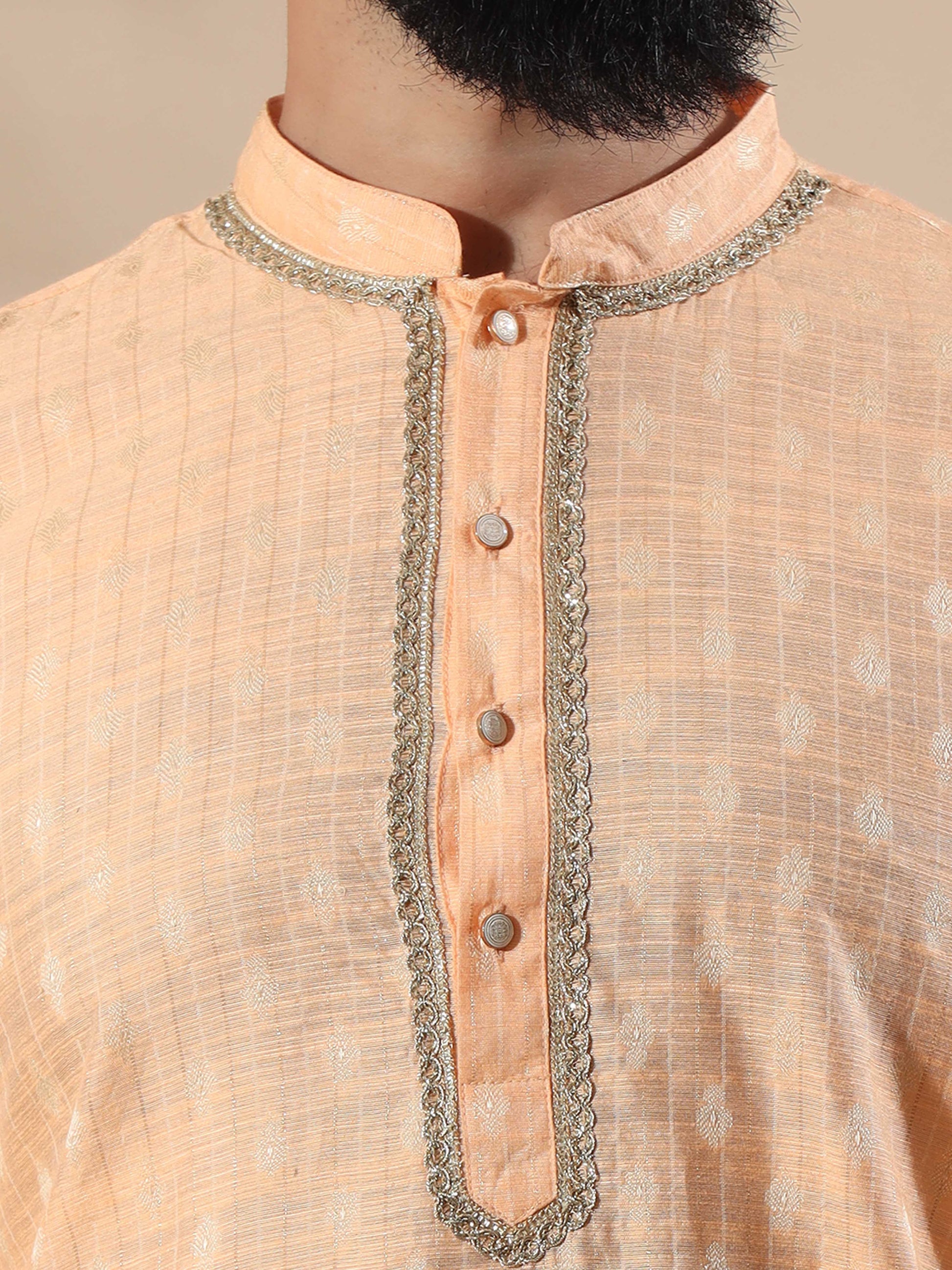 Peach Banarasi mandarin collar kurta mens