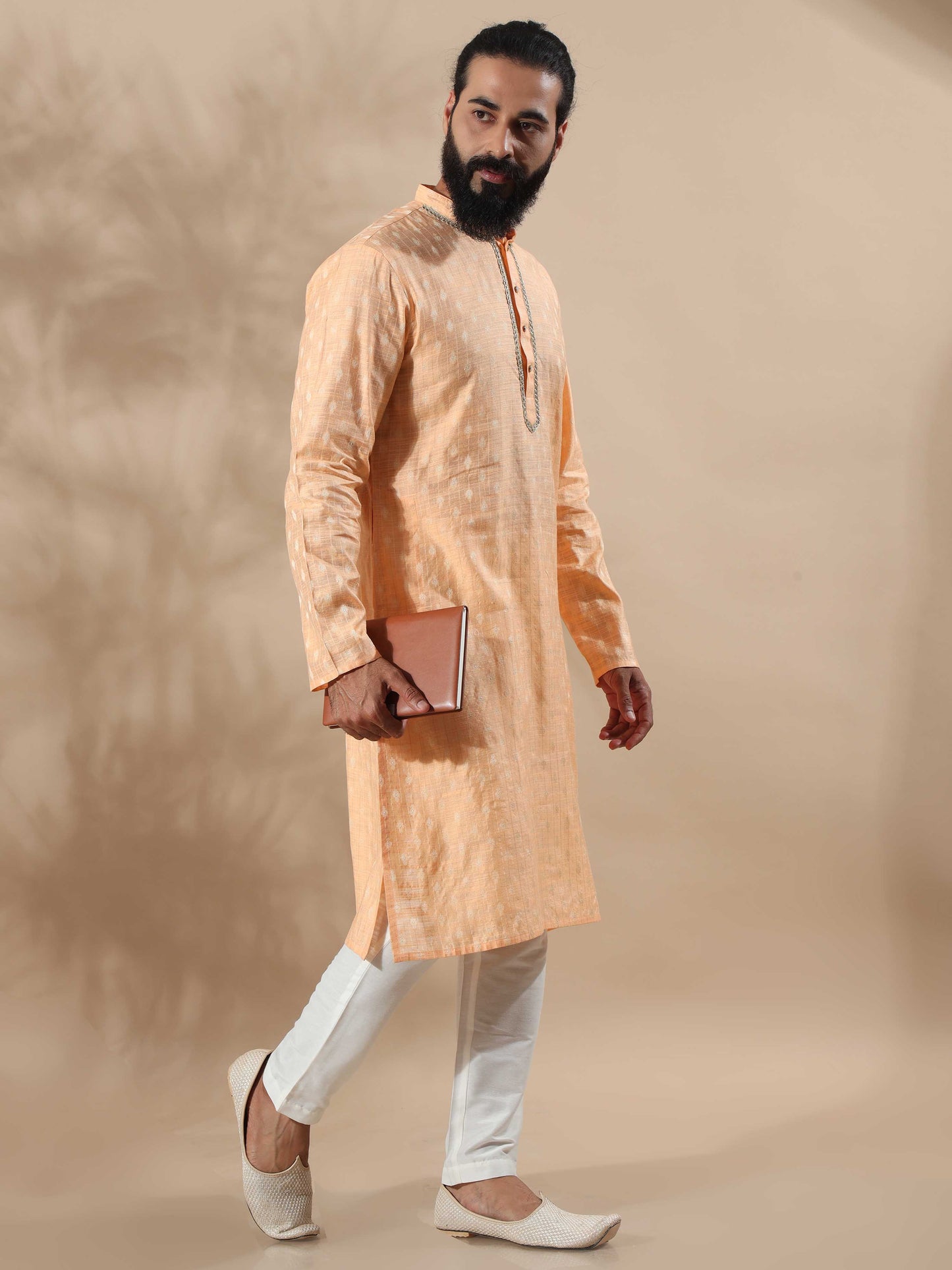 Peach Banarasi mandarin collar kurta mens