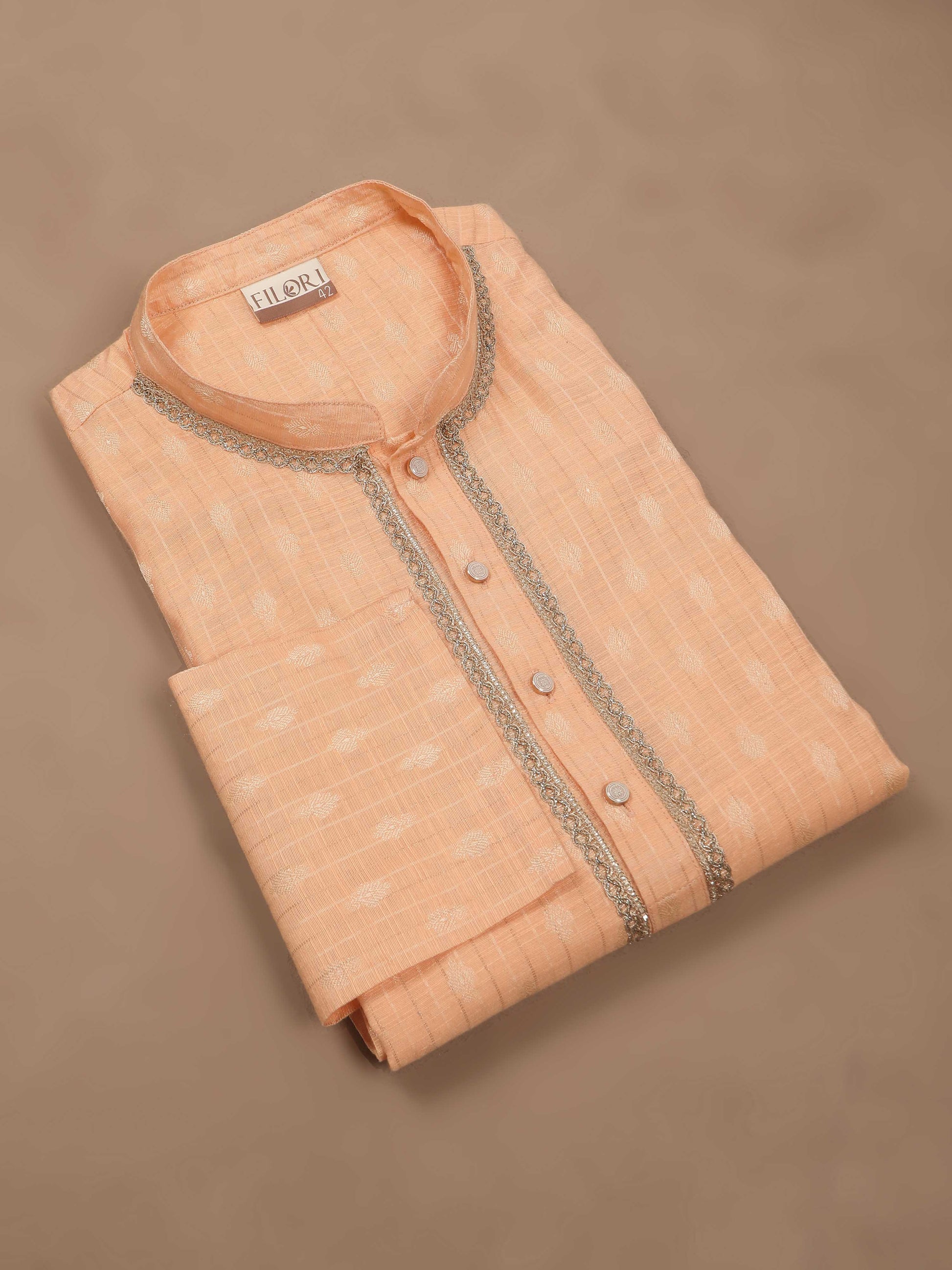 Peach Banarasi mandarin collar kurta mens