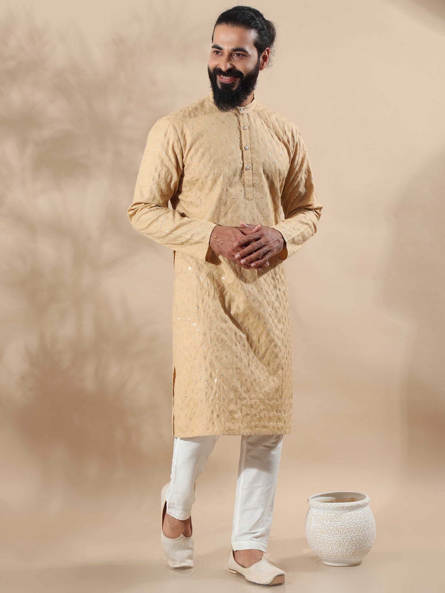 Beige Sequence gents kurta embroidery designs