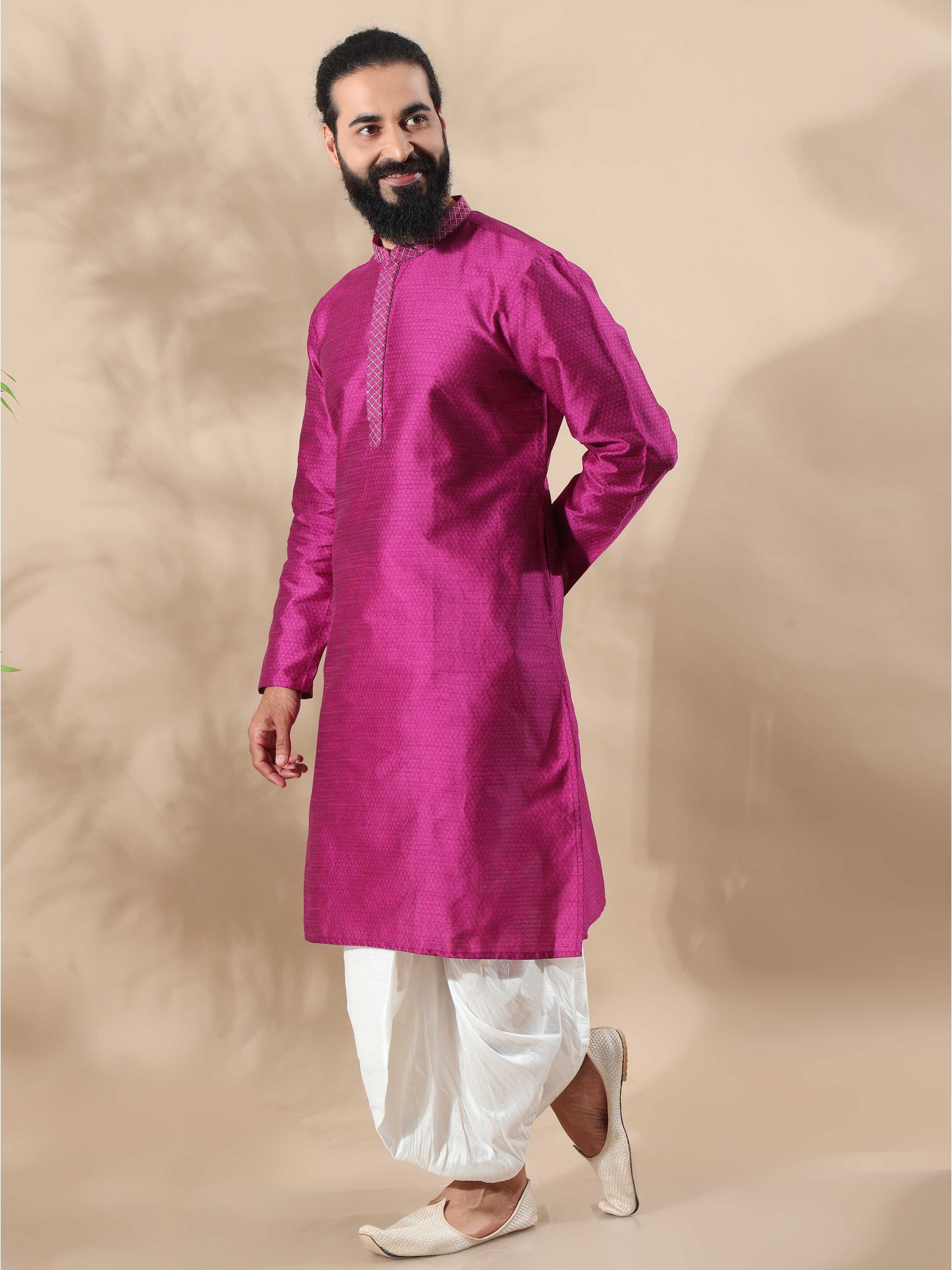 Rani Pink Embroidered long kurta for men