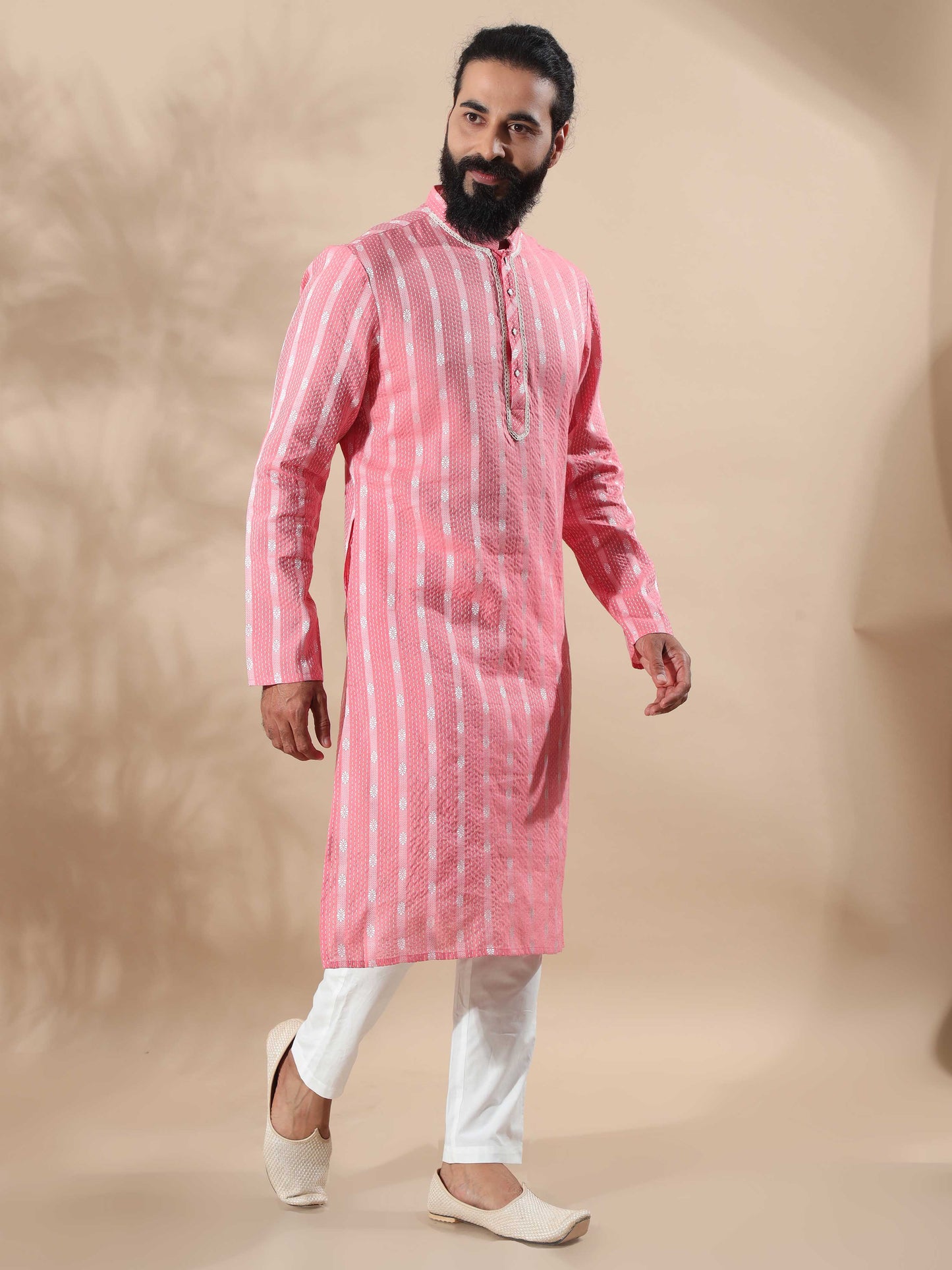 Peach and White Banaras long kurta for men