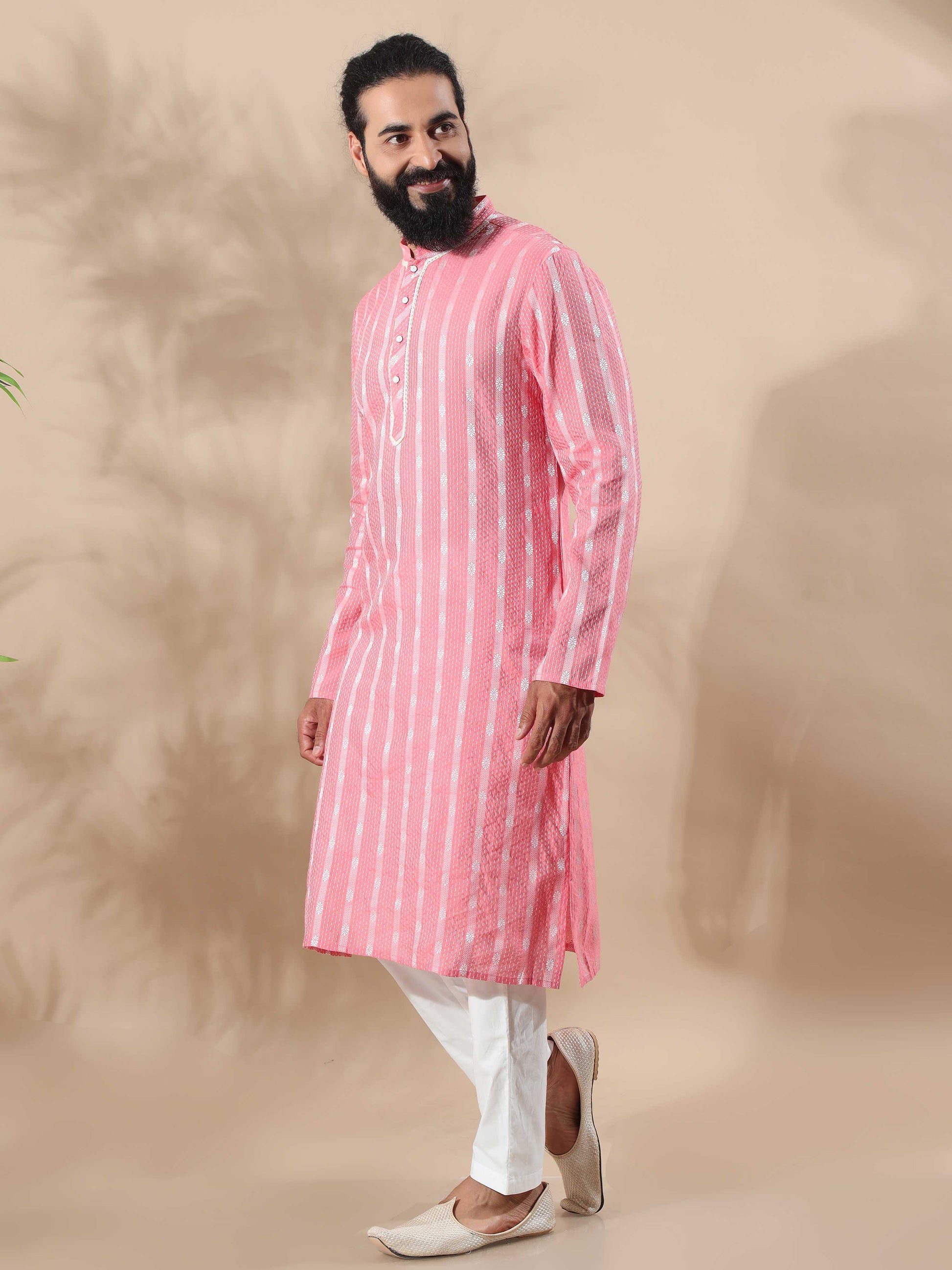 Peach and White Banaras long kurta for men