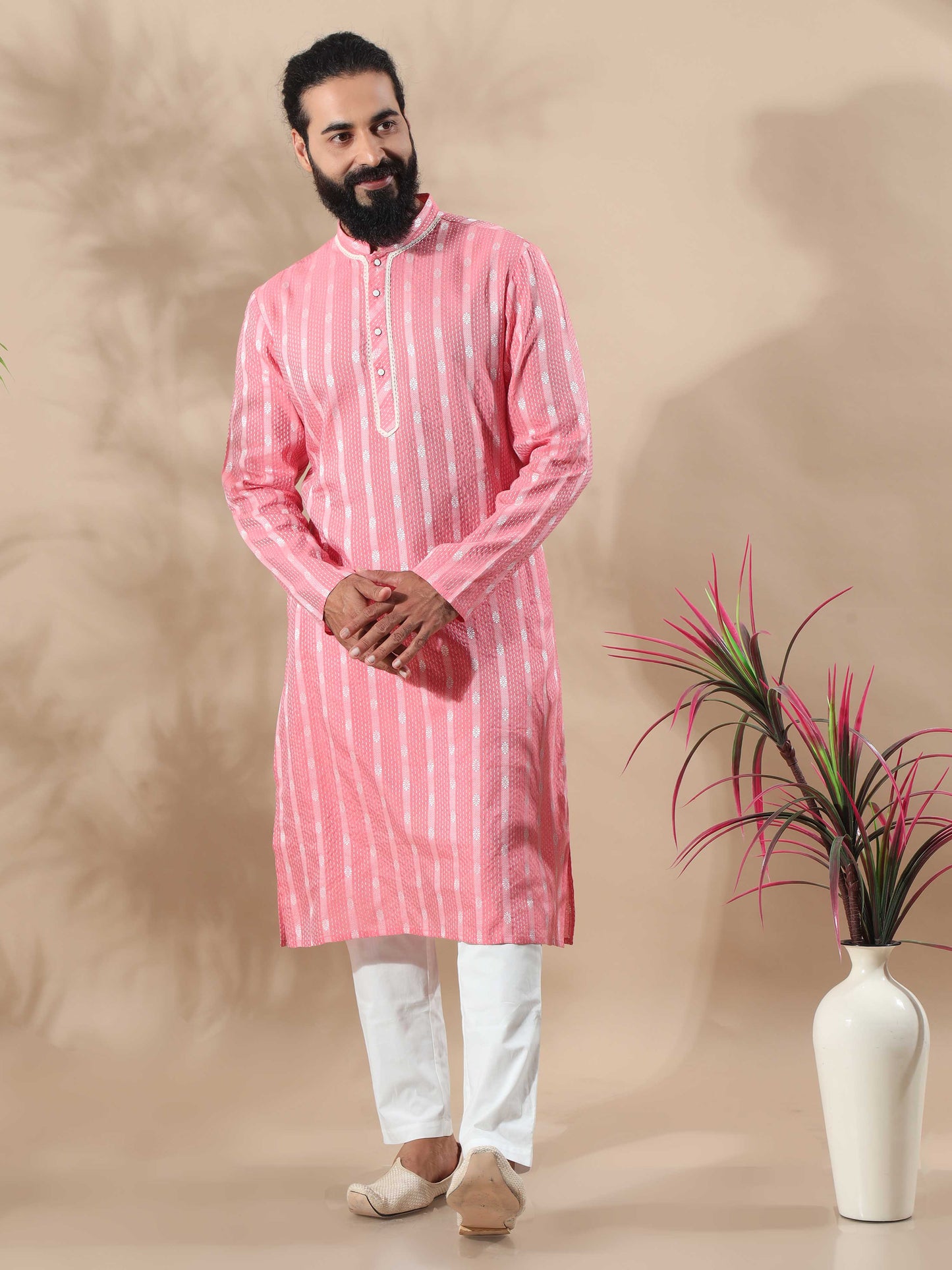 Peach and White Banaras long kurta for men