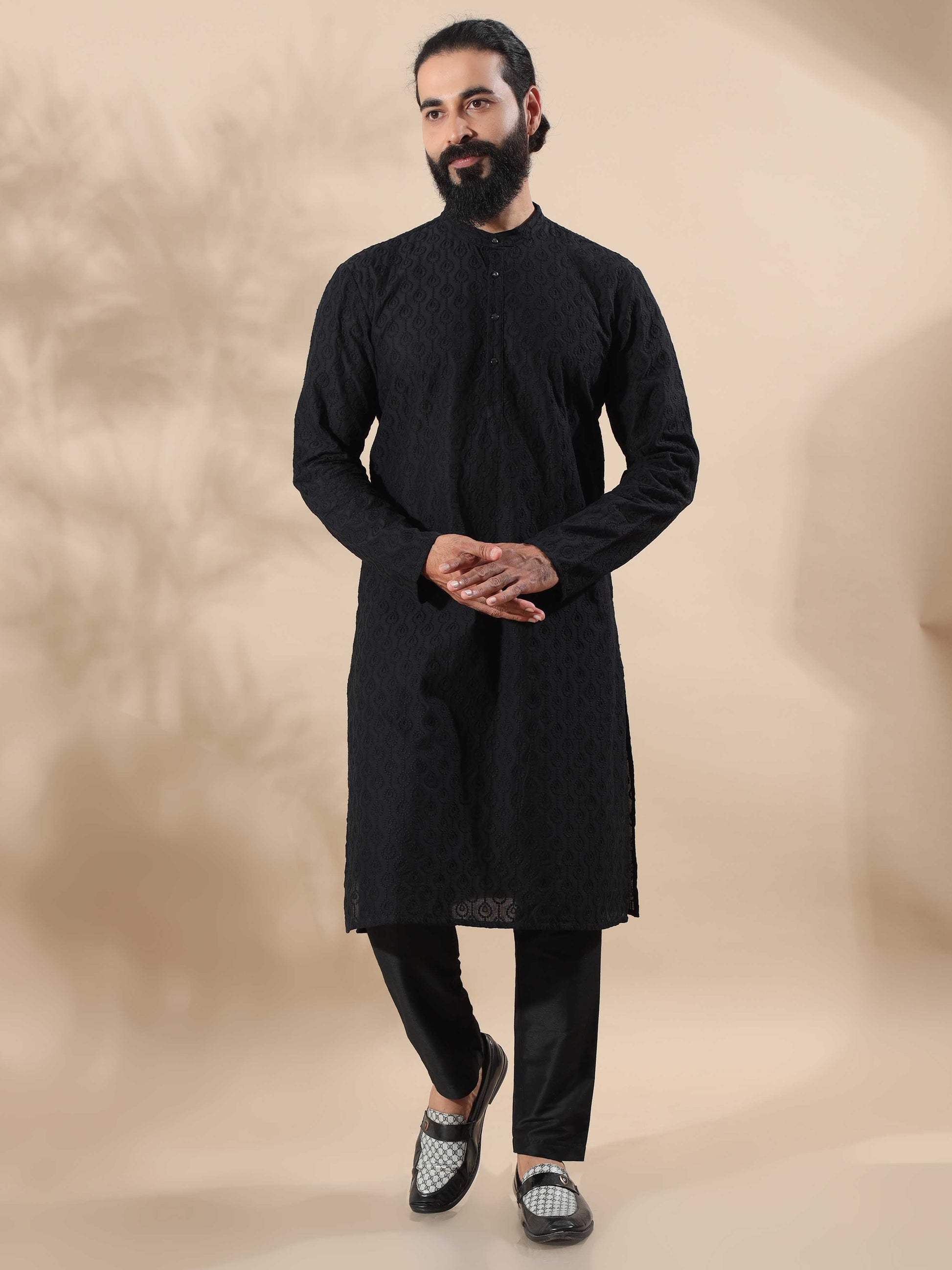 Black Chikankari long kurta for men