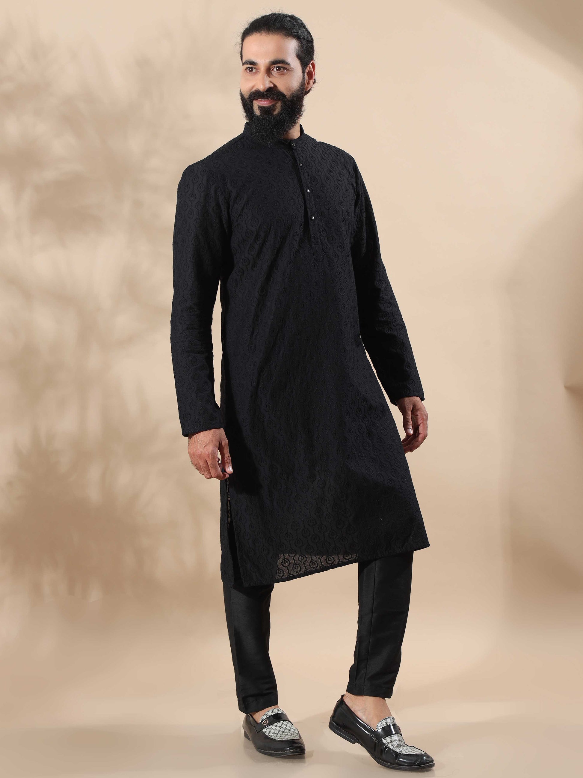 Black Chikankari long kurta for men