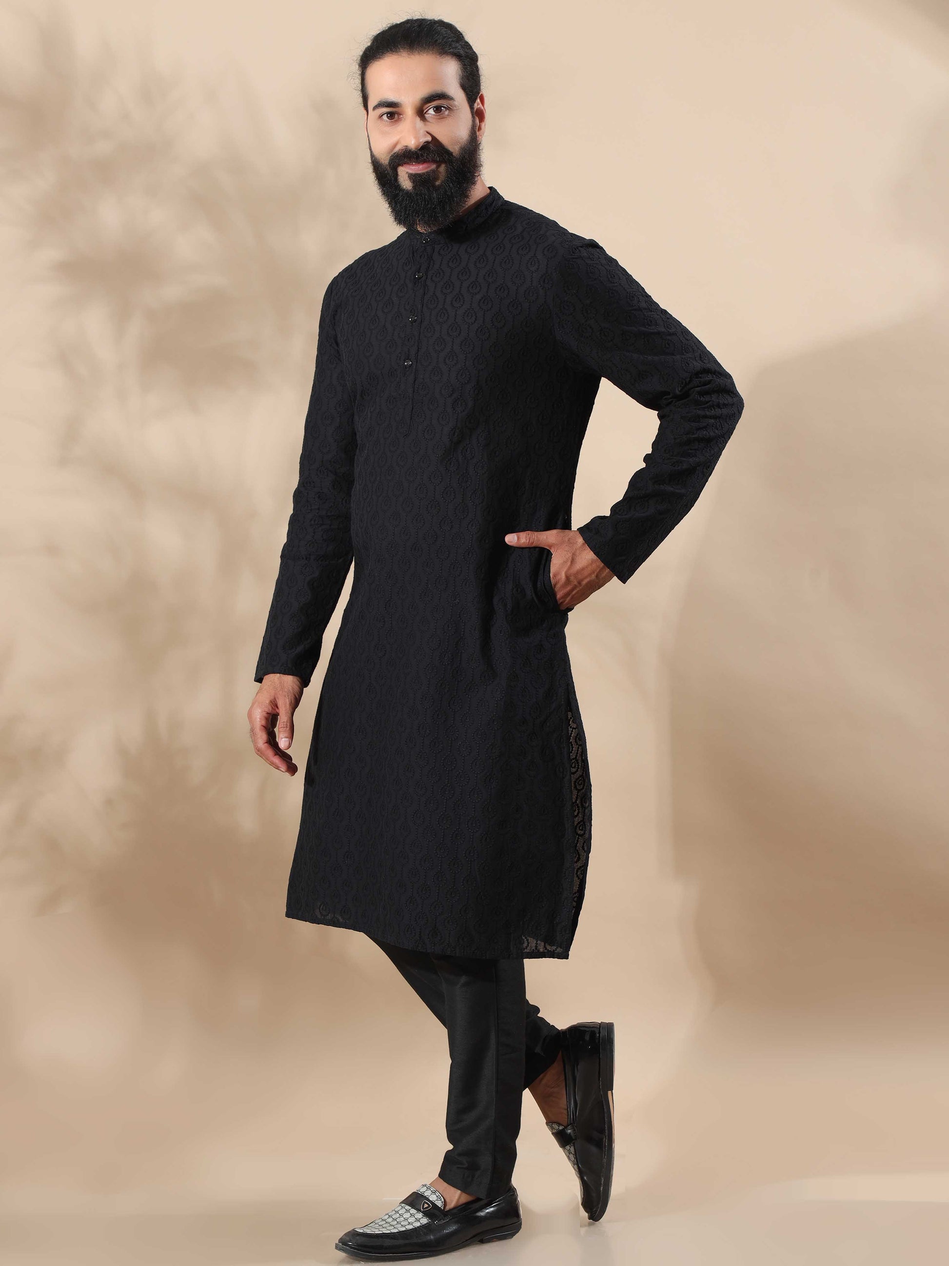 Black Chikankari long kurta for men