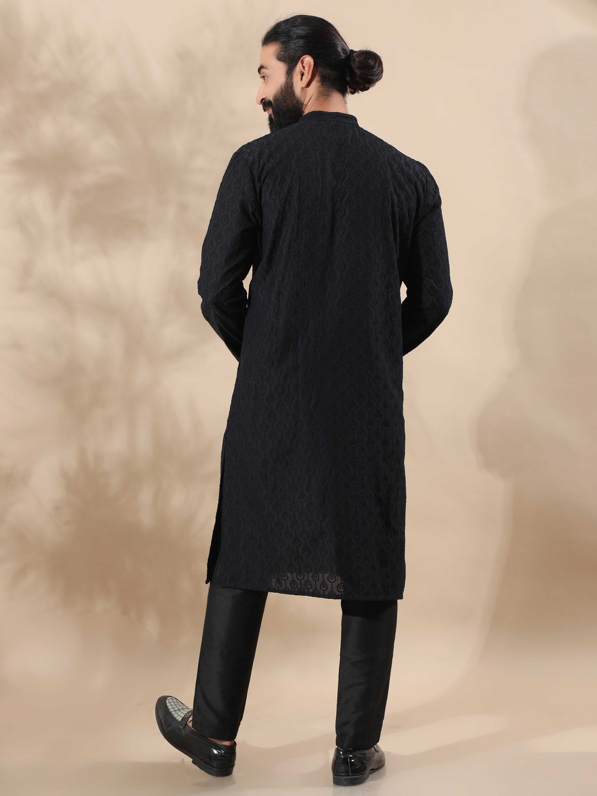 Black Chikankari long kurta for men