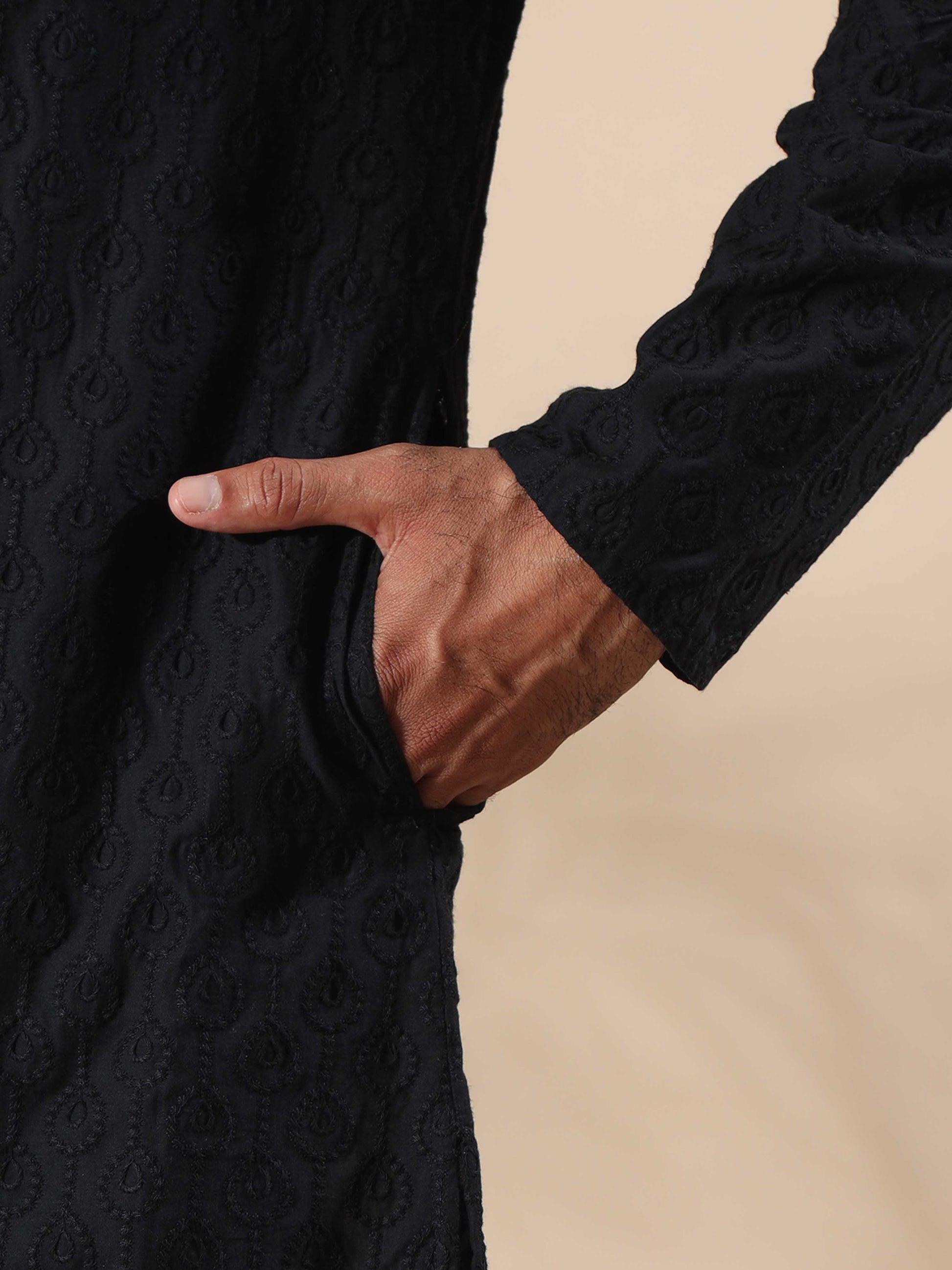 Black Chikankari long kurta for men