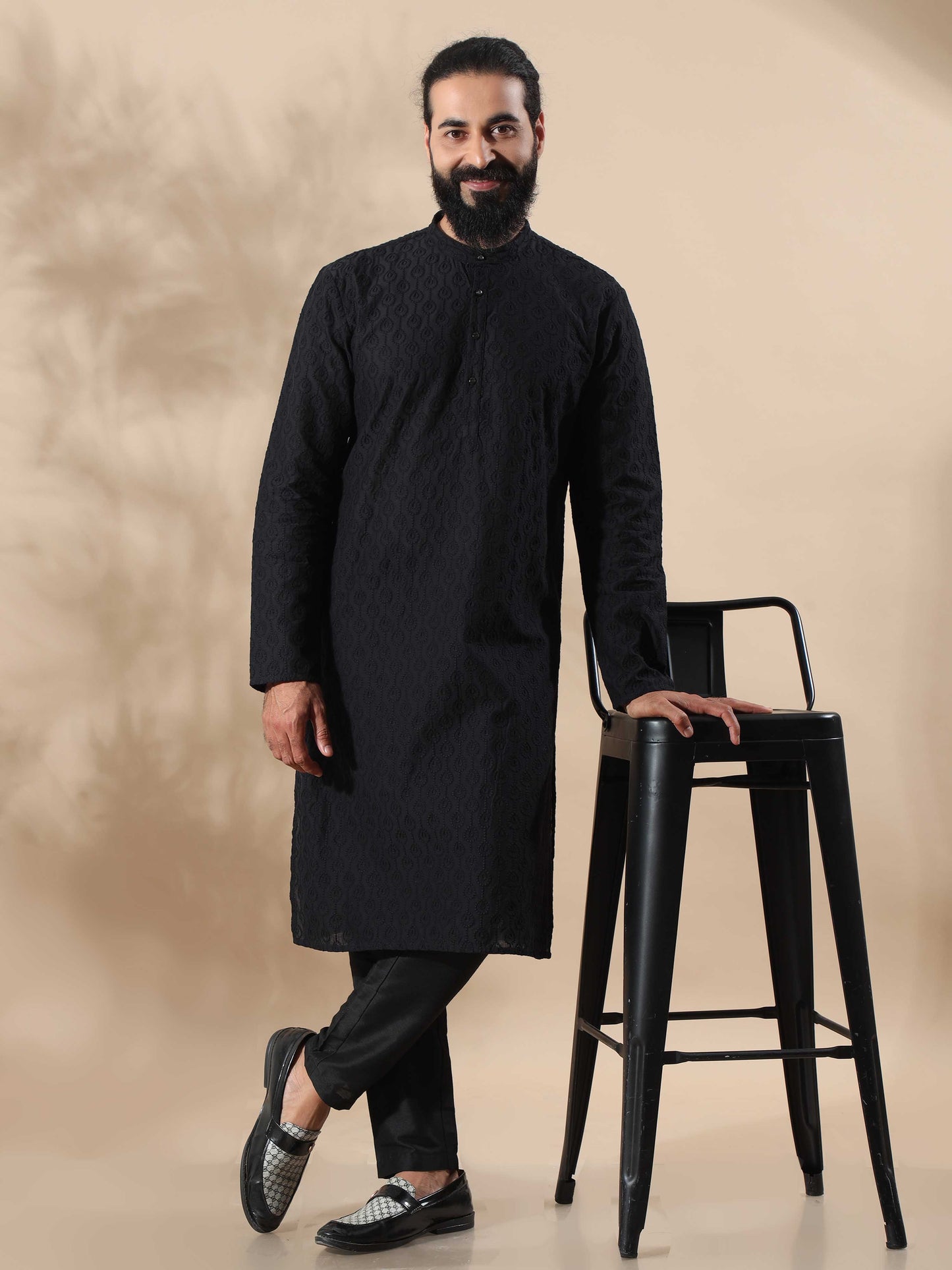 Black Chikankari long kurta for men