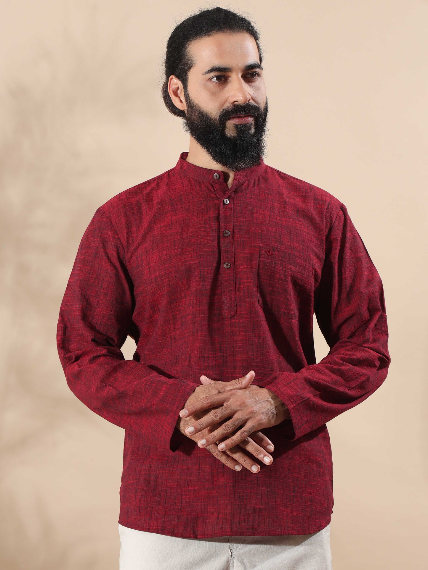 Maroon Cotton Short Kurta For Men