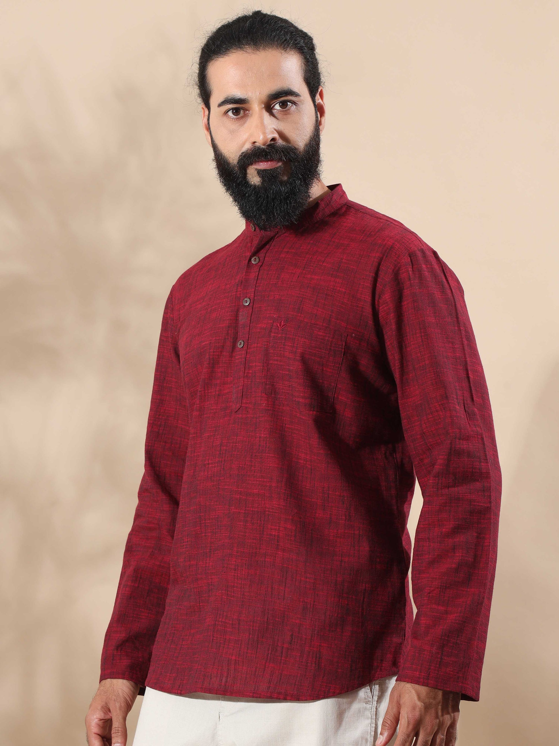 Maroon Cotton Short Kurta For Men