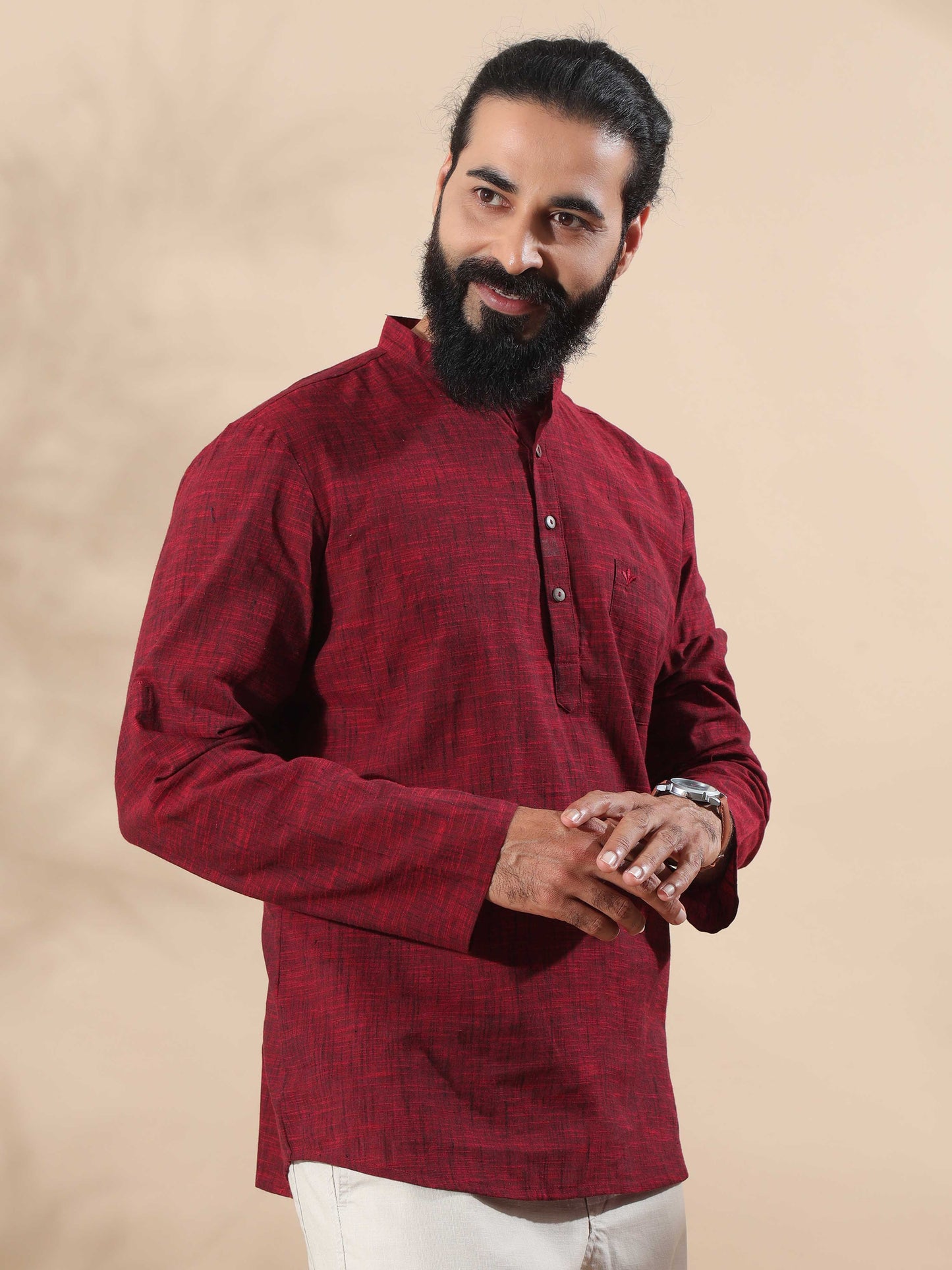 Maroon Cotton Short Kurta For Men