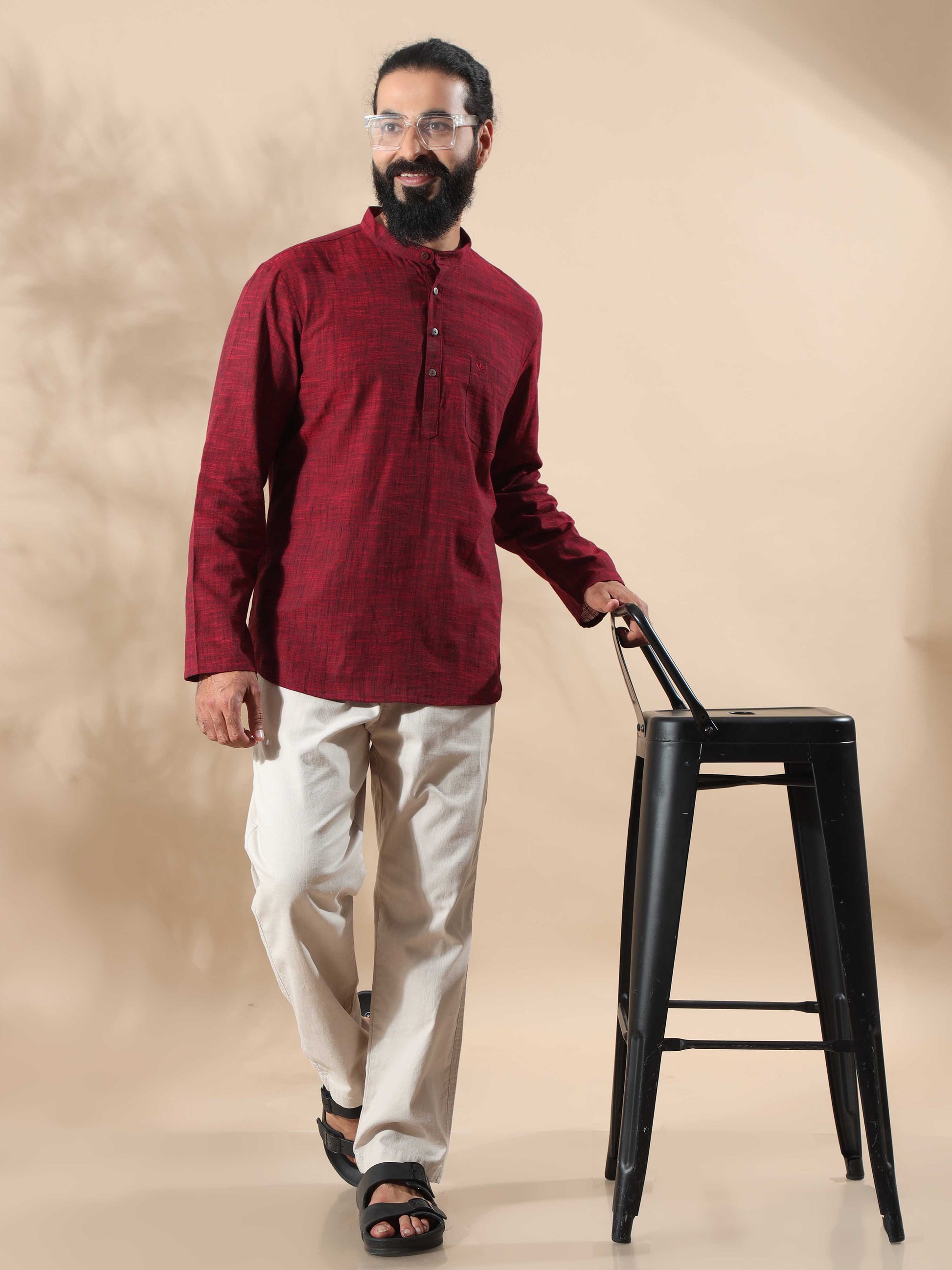 Maroon Cotton Short Kurta For Men