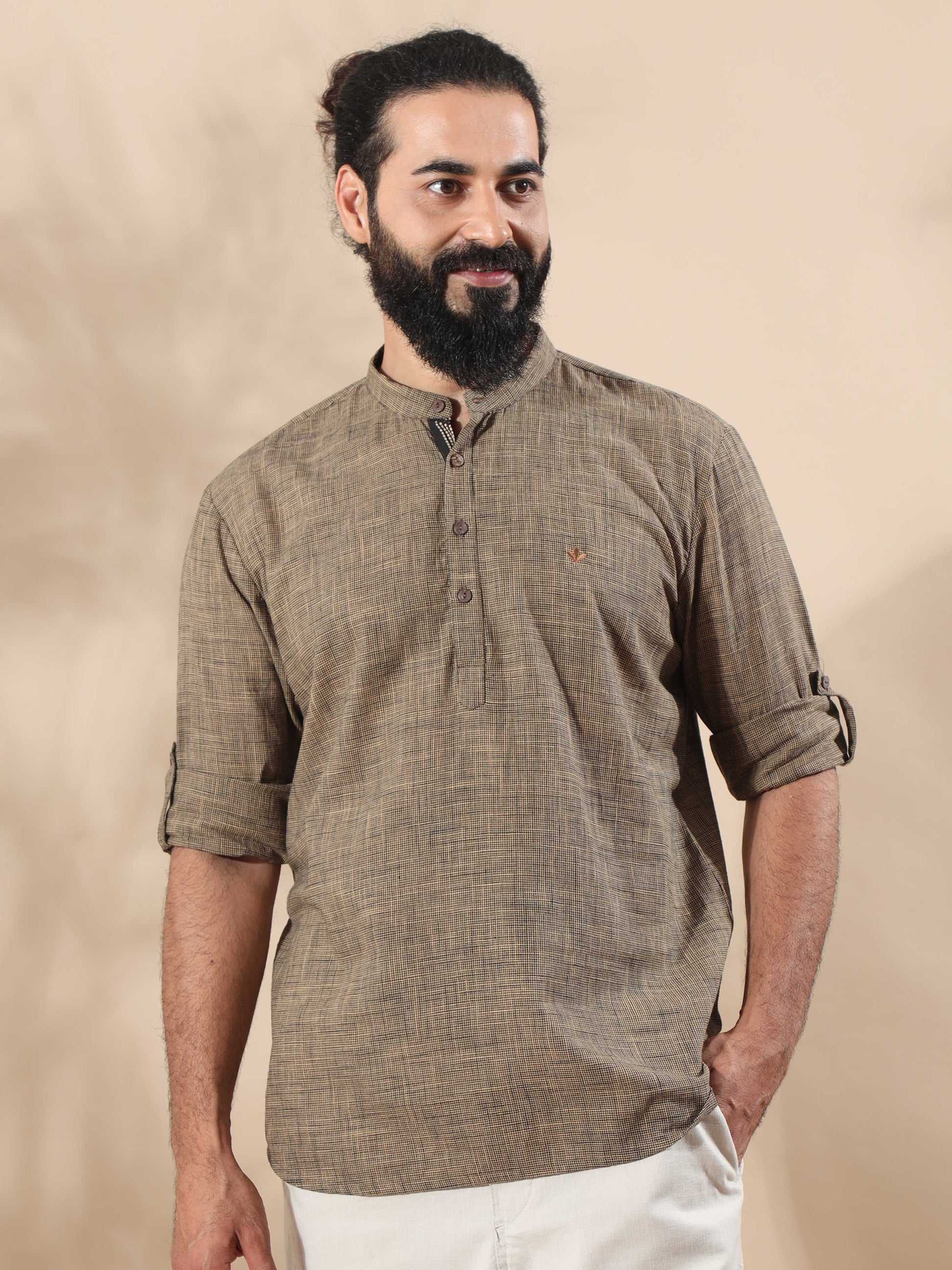 Beige Cotton Short Kurta for Men