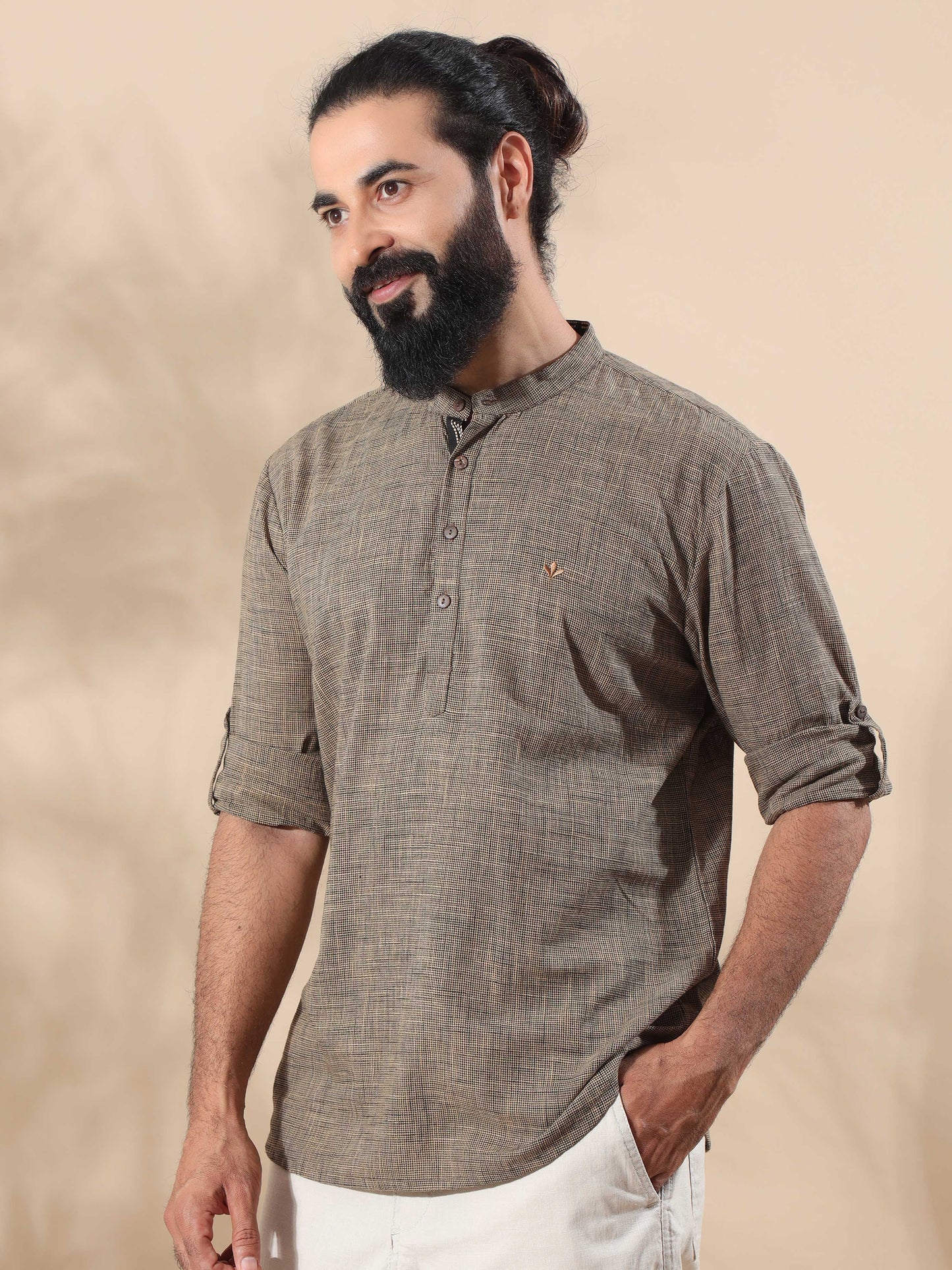 Beige Cotton Short Kurta for Men