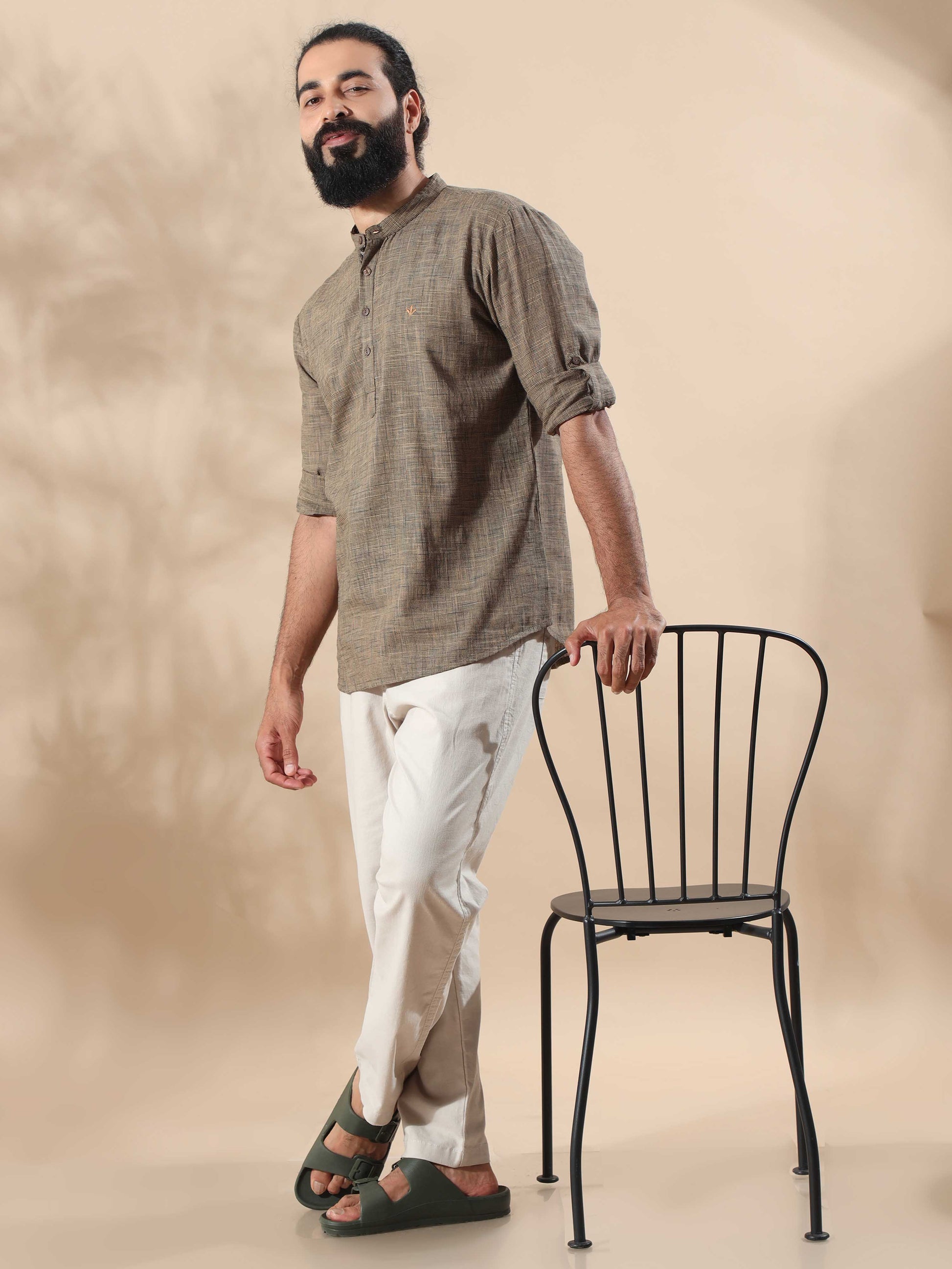 Beige Cotton Short Kurta for Men