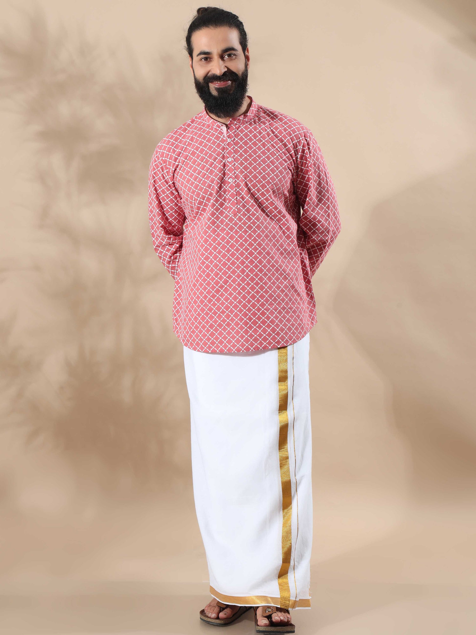 Peach and White short length kurta for man