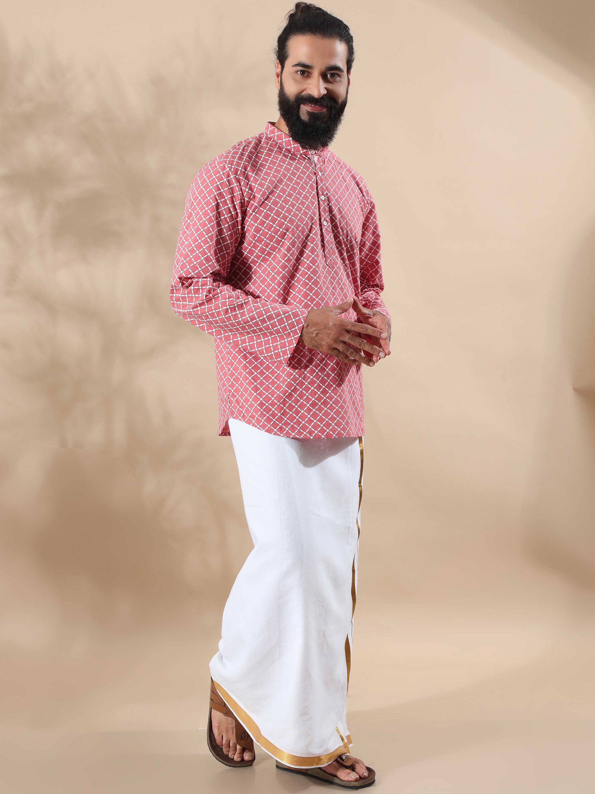 Peach and White short length kurta for man