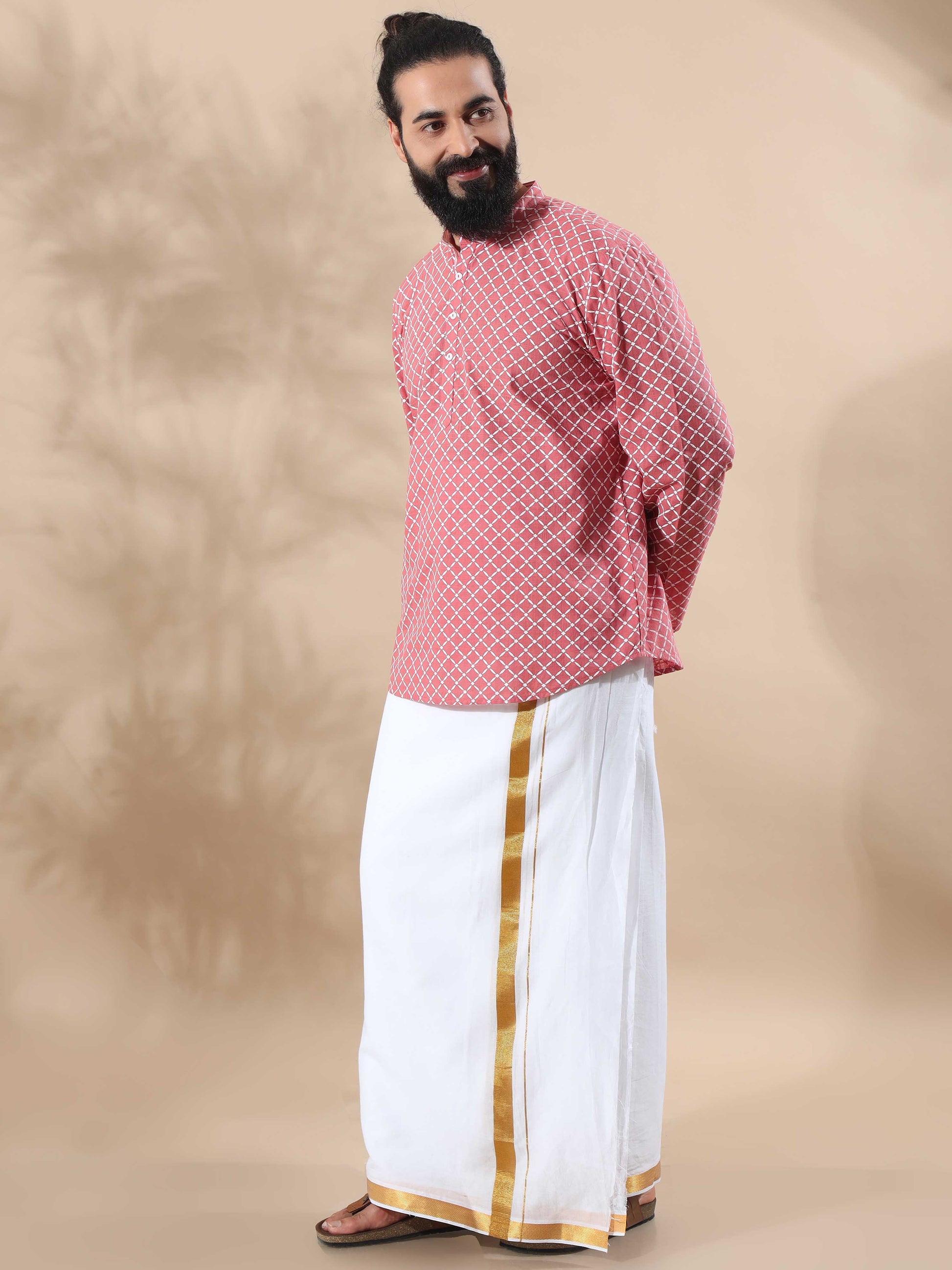 Peach and White short length kurta for man