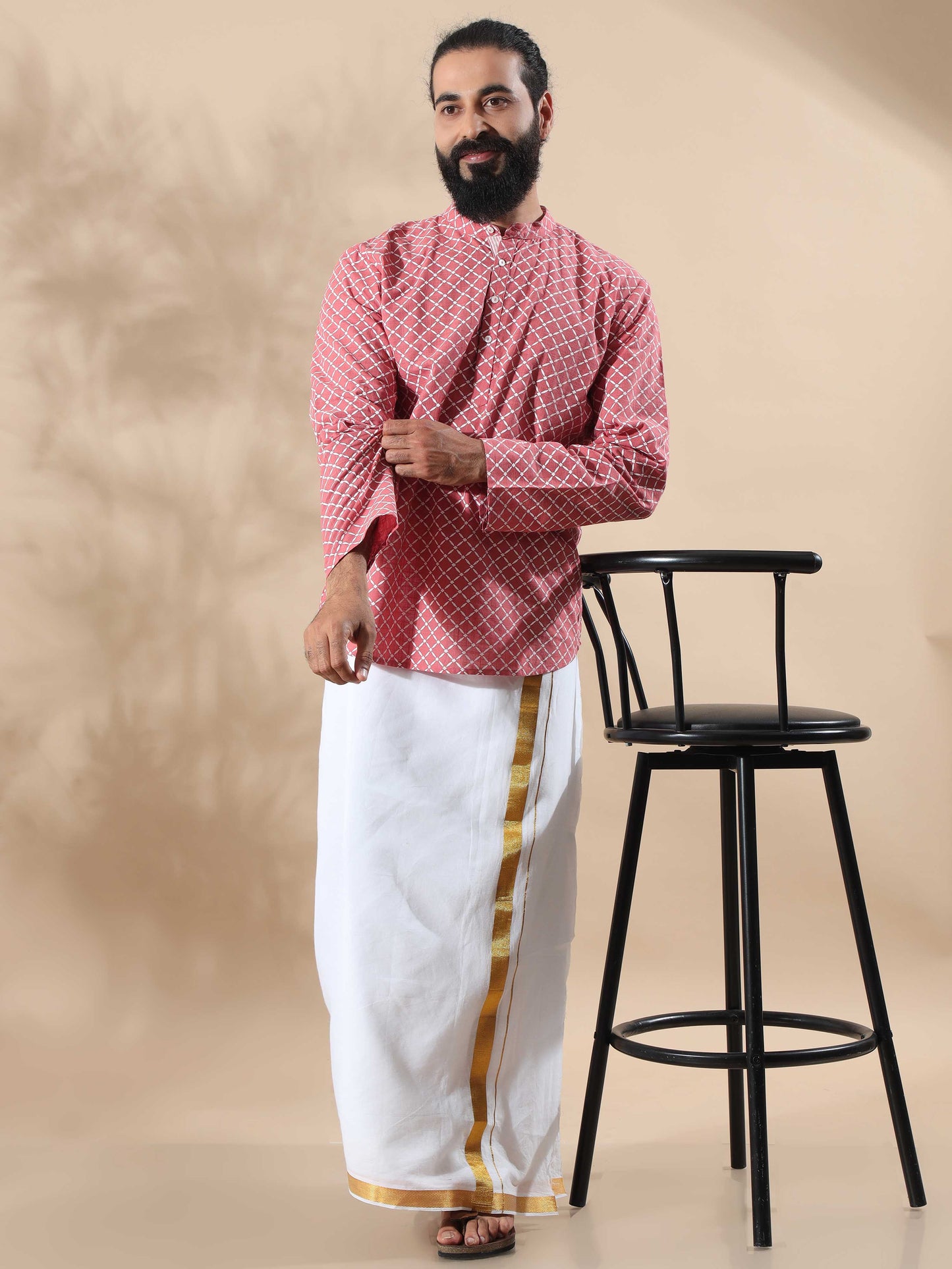 Peach and White short length kurta for man