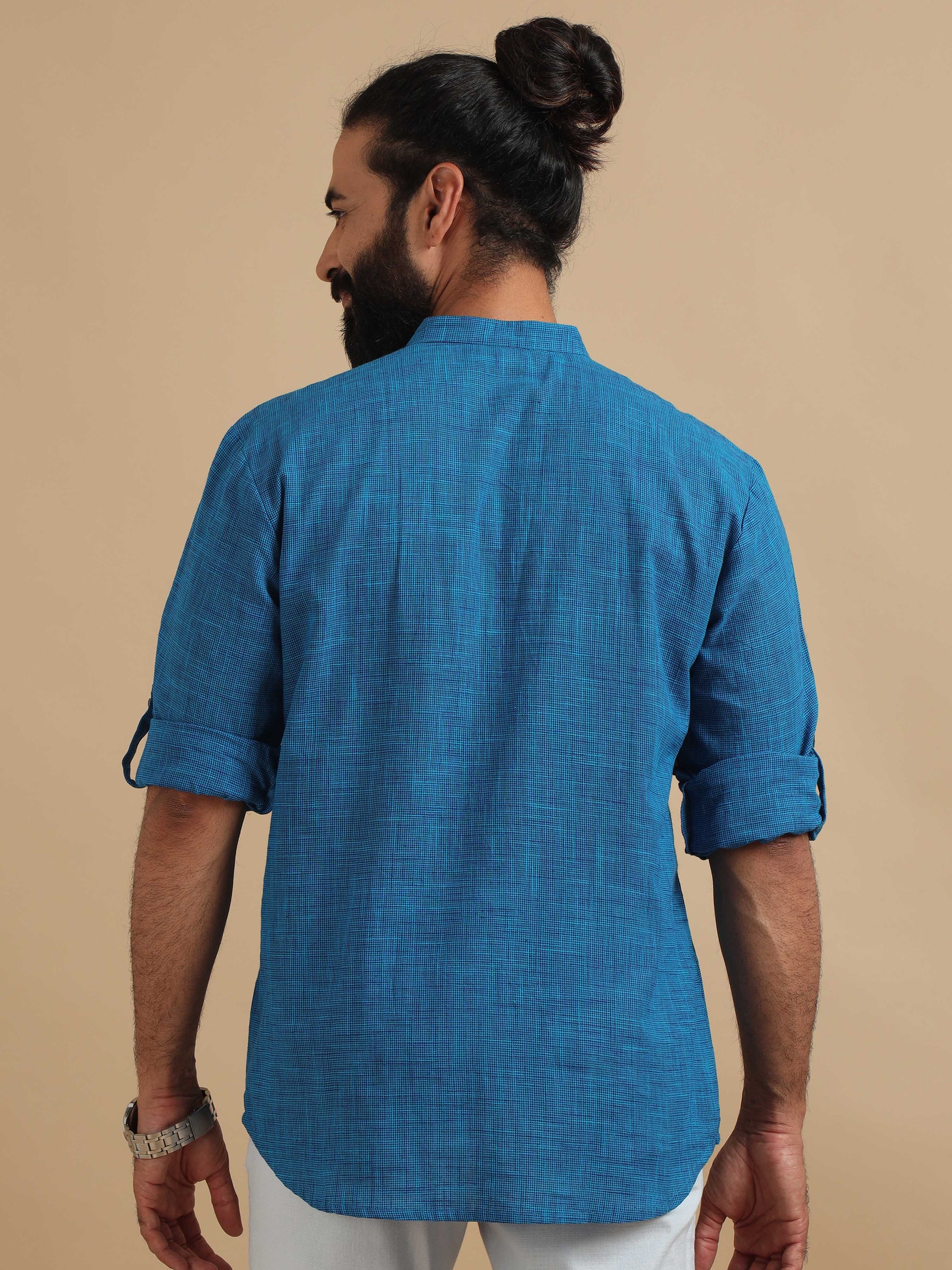 Royal Blue Cotton Short Kurta For Men