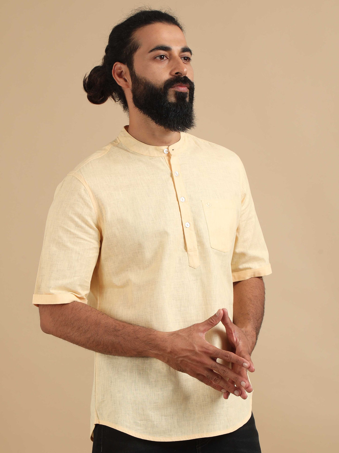 Lemon Yellow Cotton Short Kurta For Men