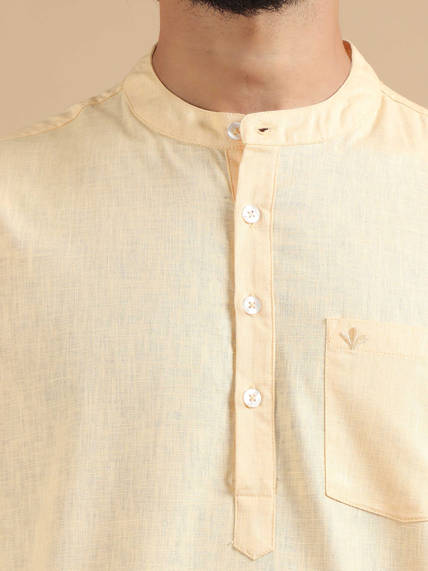 Lemon Yellow Cotton Short Kurta For Men