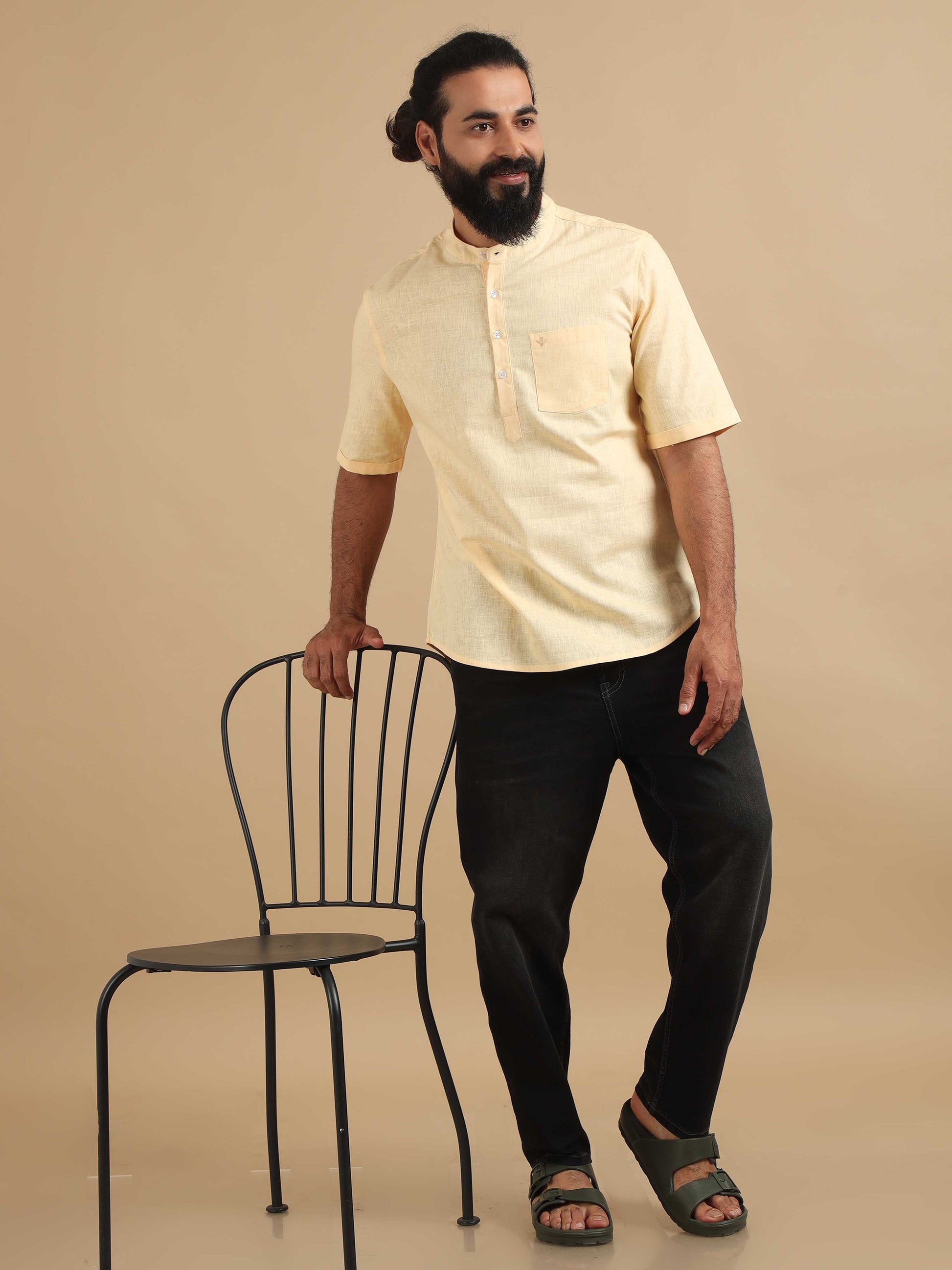 Lemon Yellow Cotton Short Kurta For Men