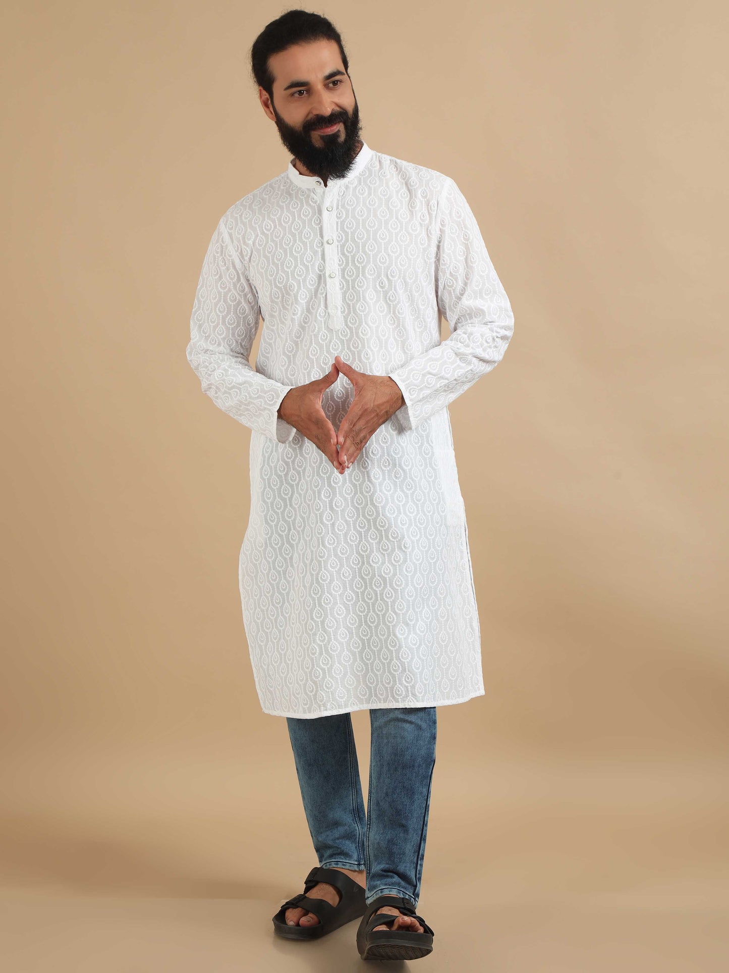 White Chikankari long kurta for men