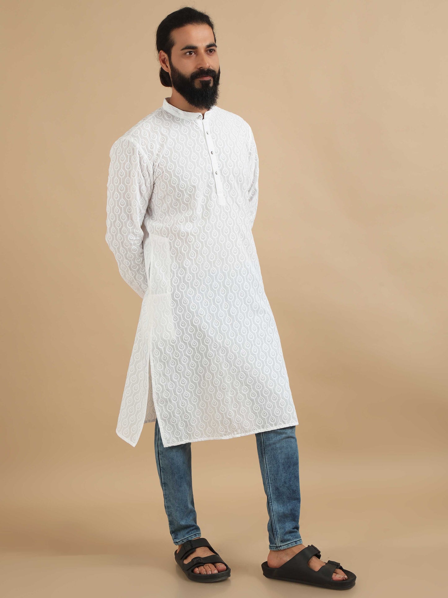 White Chikankari long kurta for men